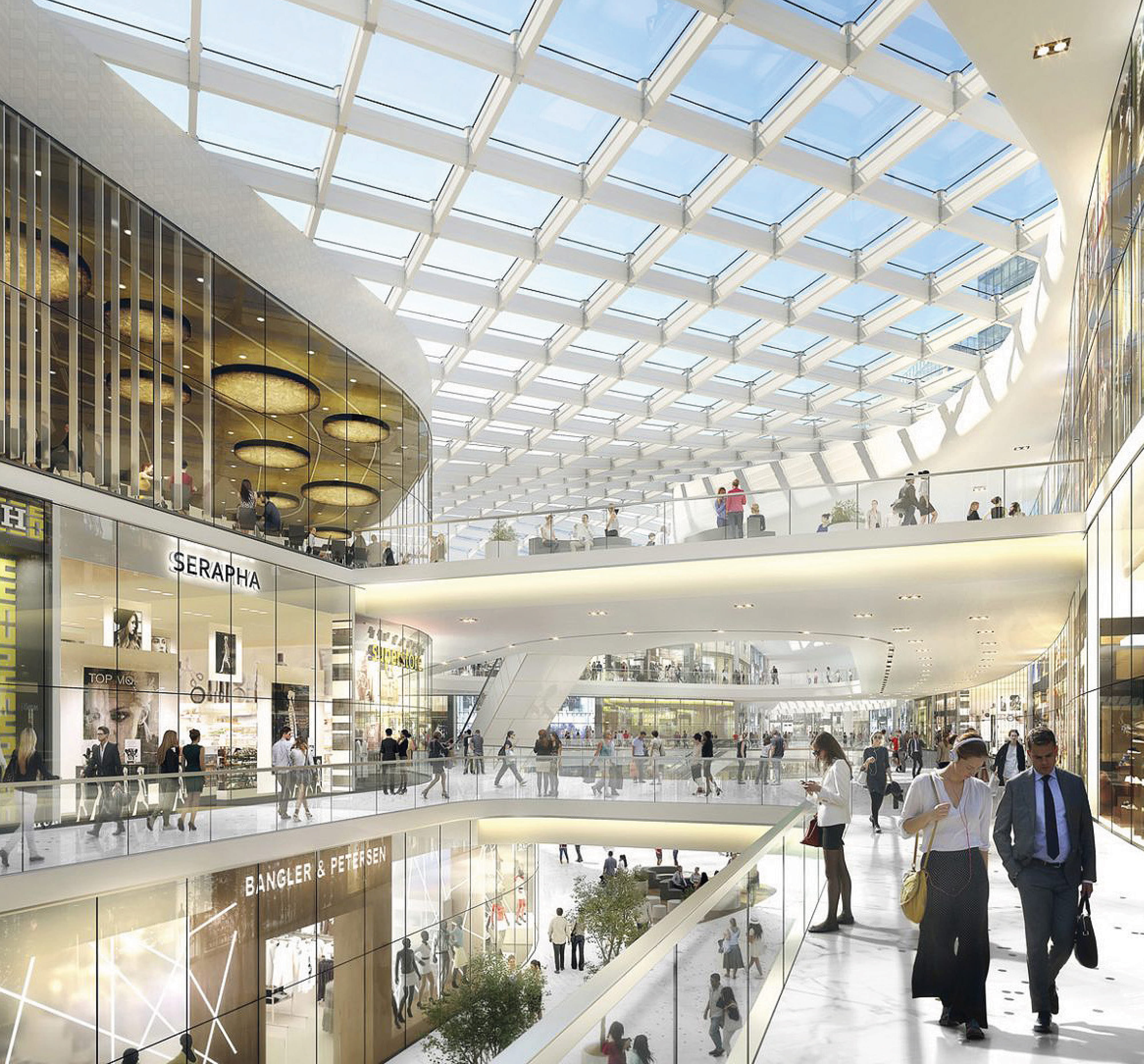 An architectural rendering of a Royalmount multi-level interior retail atrium featuring a dramatic skylit ceiling, glass balustrade walkways filled with shoppers, tenant identity signage for Serapha and Bangler & Petersen, a warmly lit dining level with pendant lighting above, and a sweeping open concourse drawing visitors deeper into the development — illustrating RSM Design's wayfinding and signage design, tenant signage, master sign programs, and placemaking services applied within the mixed-use, retail, and international markets