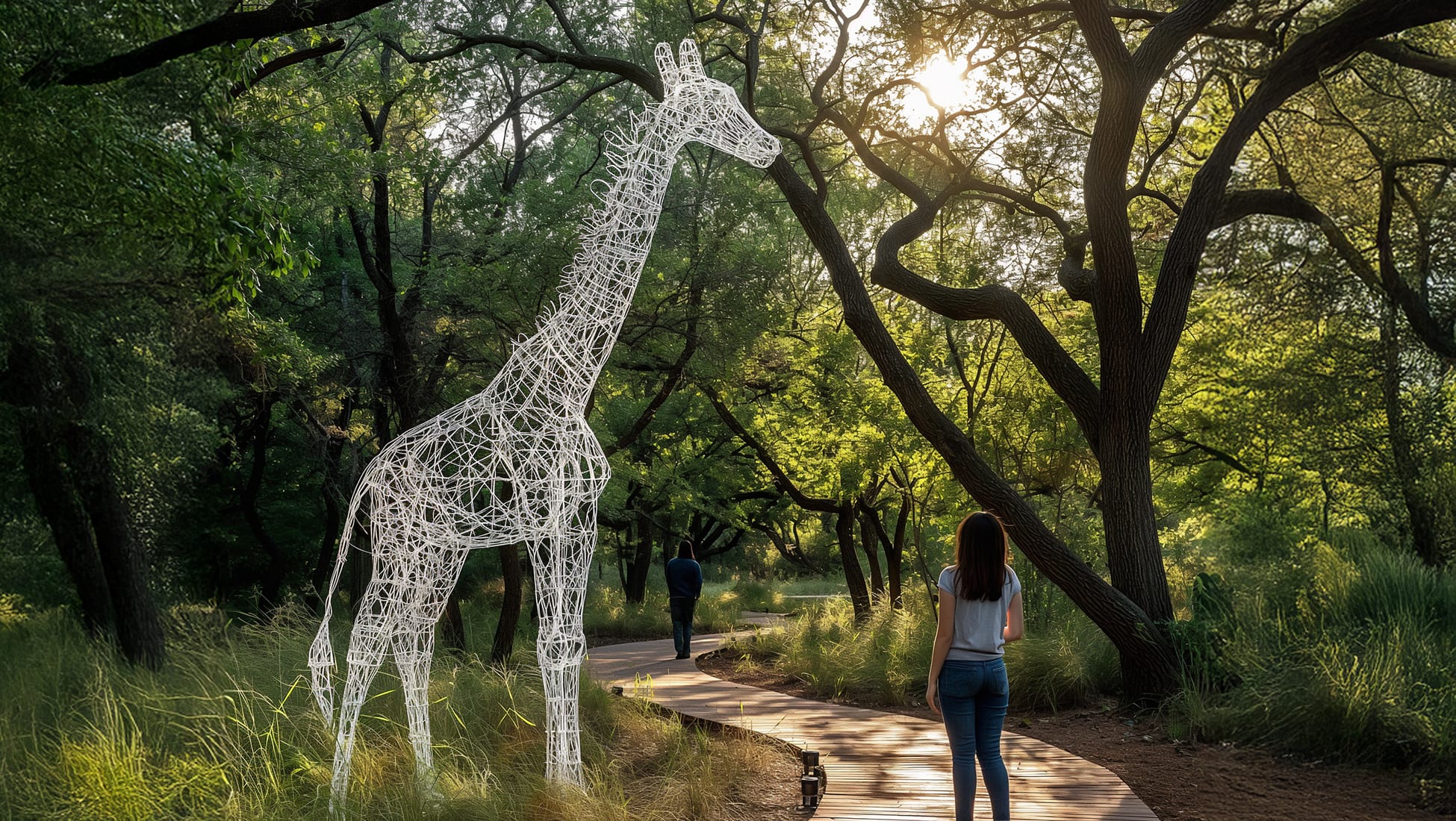 RSM Design Bravo Park — large-scale wire mesh giraffe sculpture alongside a woodland boardwalk trail through native landscaping, with dappled sunlight filtering through mature tree canopy