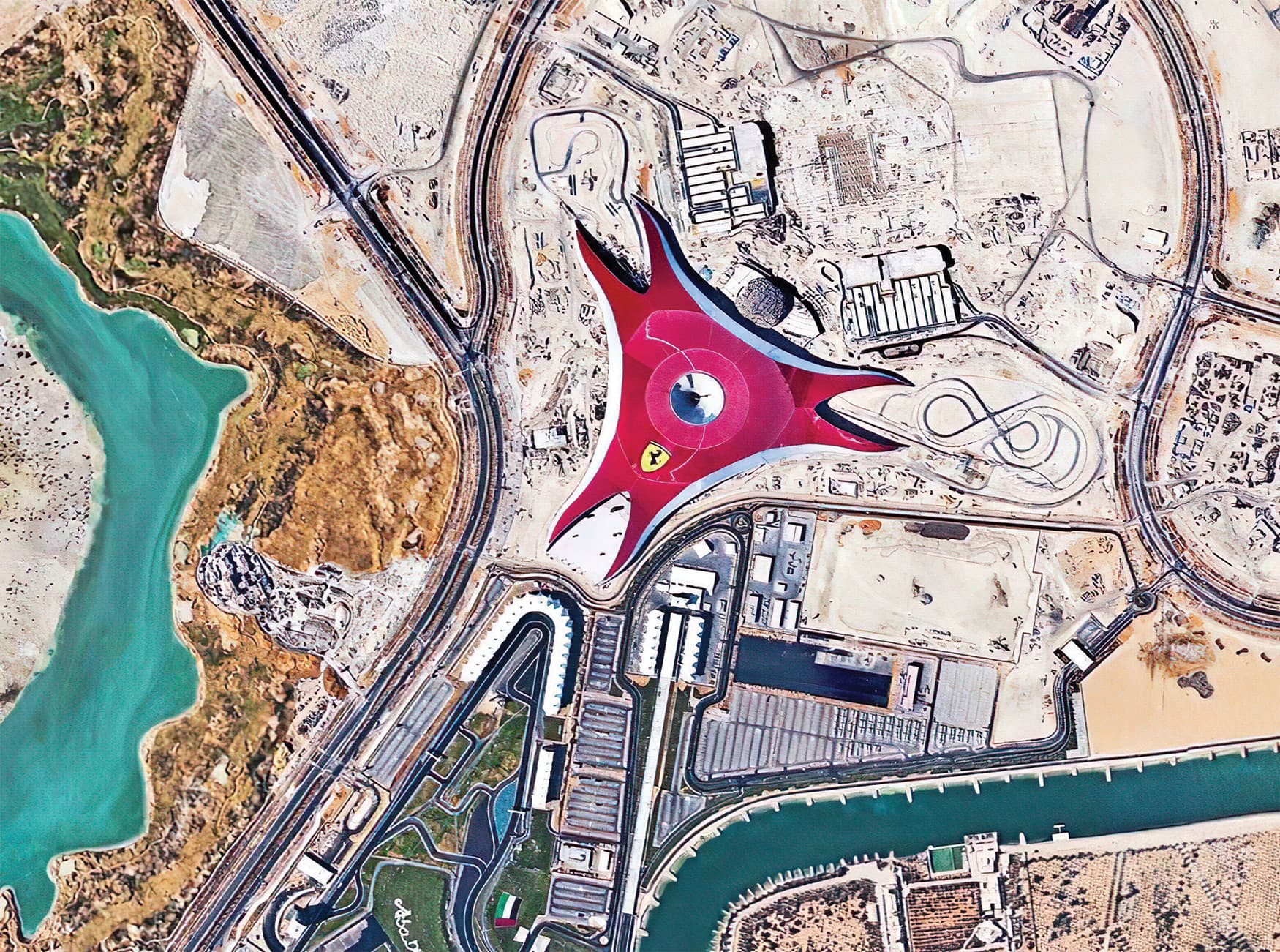 Ferrari World in Abu Dhabi in the United Arab Emirates. Aerial View of the Largest Indoor Theme Park.