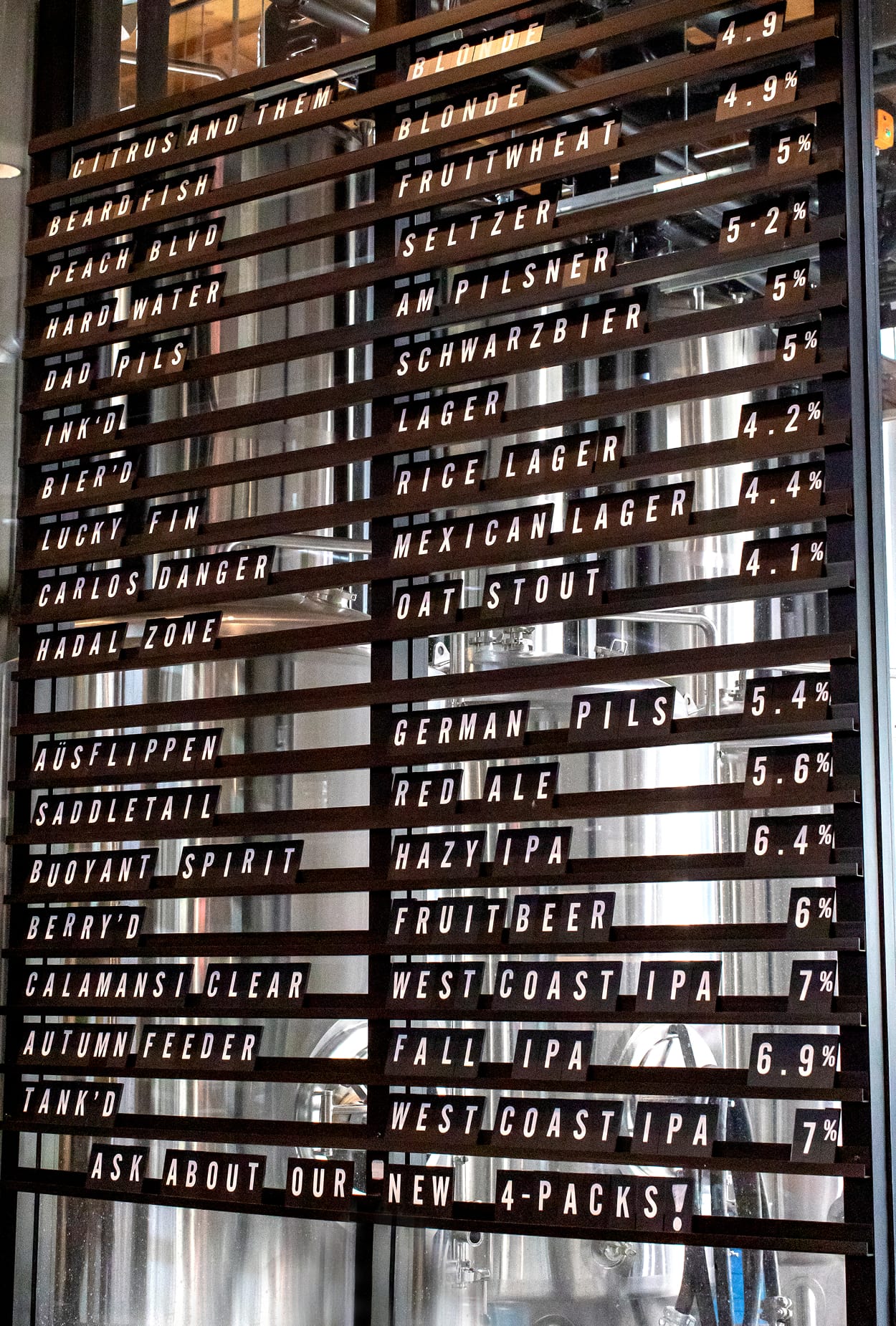 Close-up of the tap list menu board at Bearded Tang Brewing inside Rodeo 39 Public Market, displaying craft beer names, styles, and ABV percentages on black slat signage mounted in front of stainless steel brewing tanks.