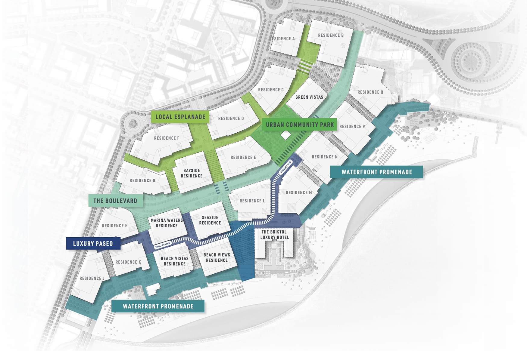 Illustrative site plan highlighting key destinations and circulation paths, including the waterfront promenade, urban community park, and mixed-use residential areas, clarifying the overall layout and connectivity of the development.