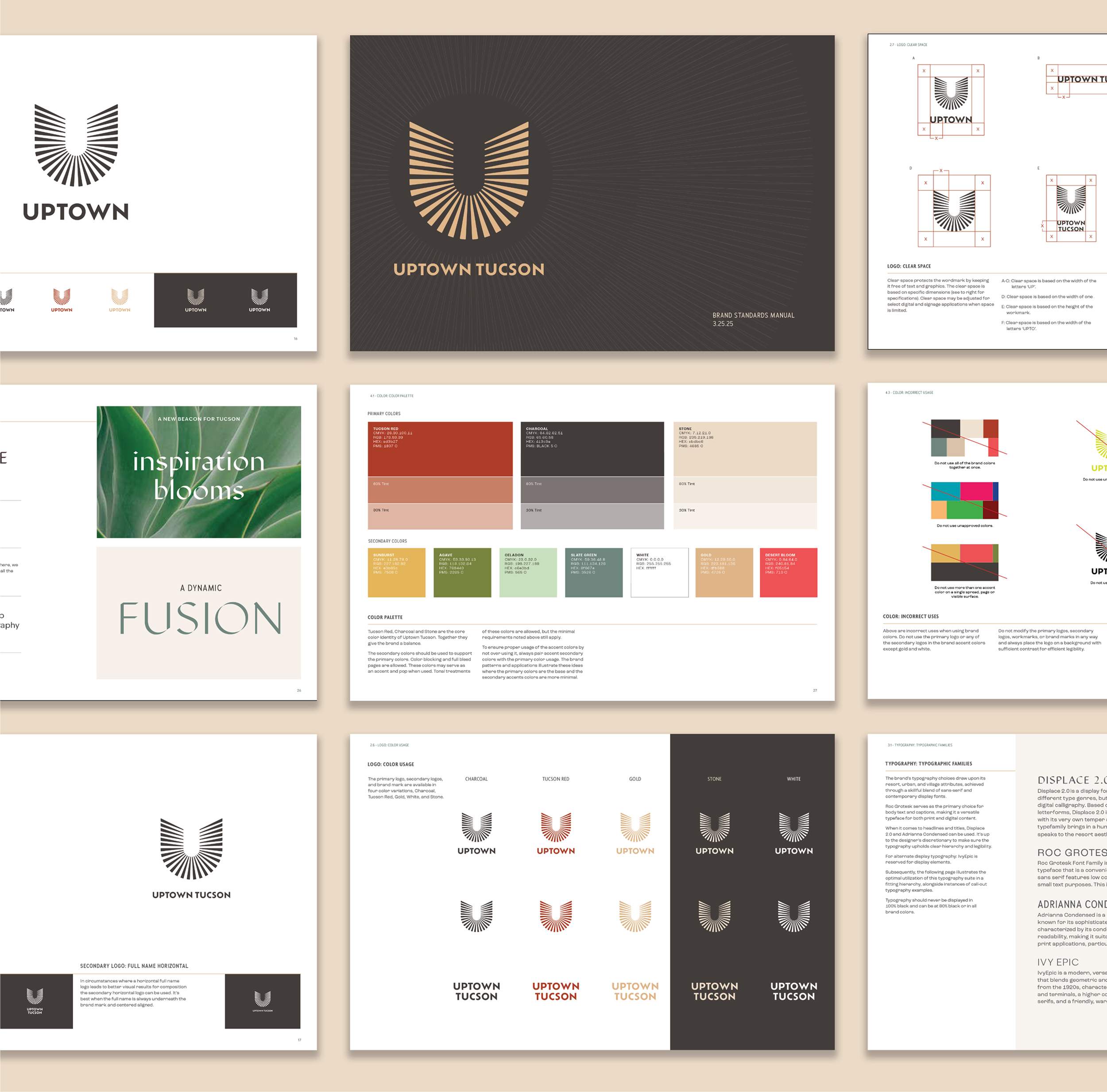 Uptown Tucson brand standards manual pages showing logo variations, color palette, clear space, and typography guidelines, branding by RSM Design