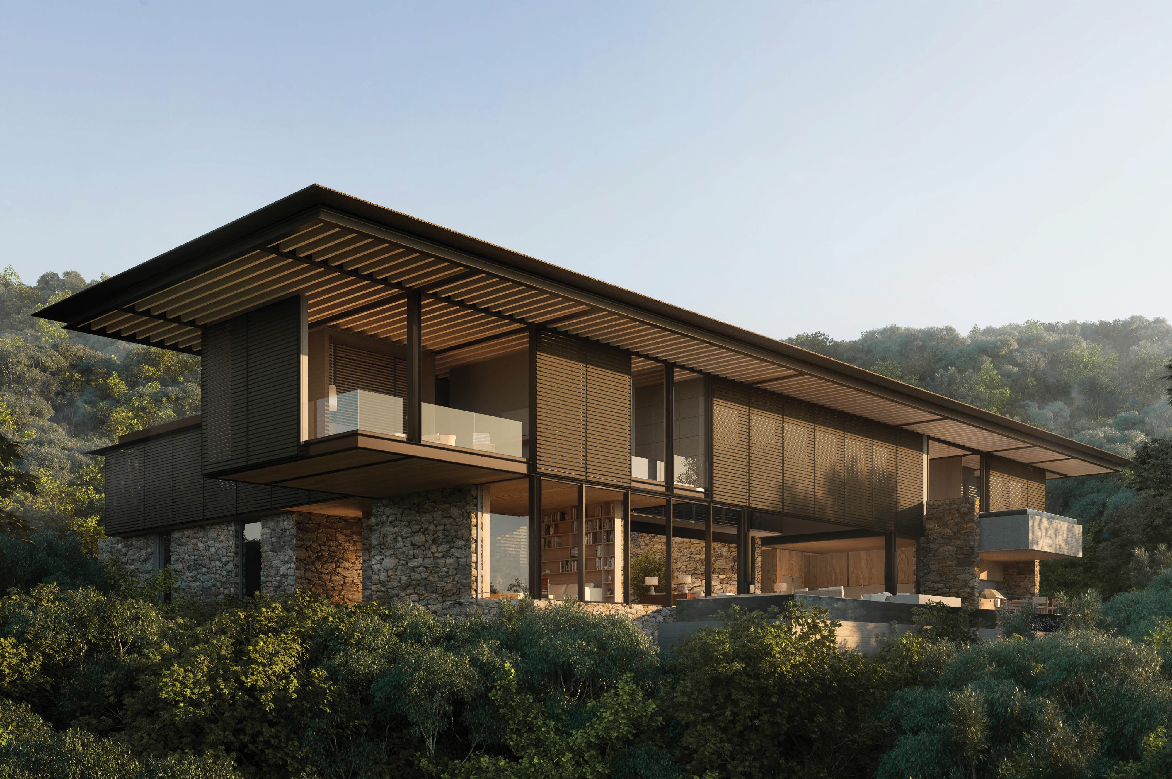 Rendering of a modern two-story house with a stone base, glass walls, and a slatted wood overhang roof, elevated above a hillside forest at golden hour.