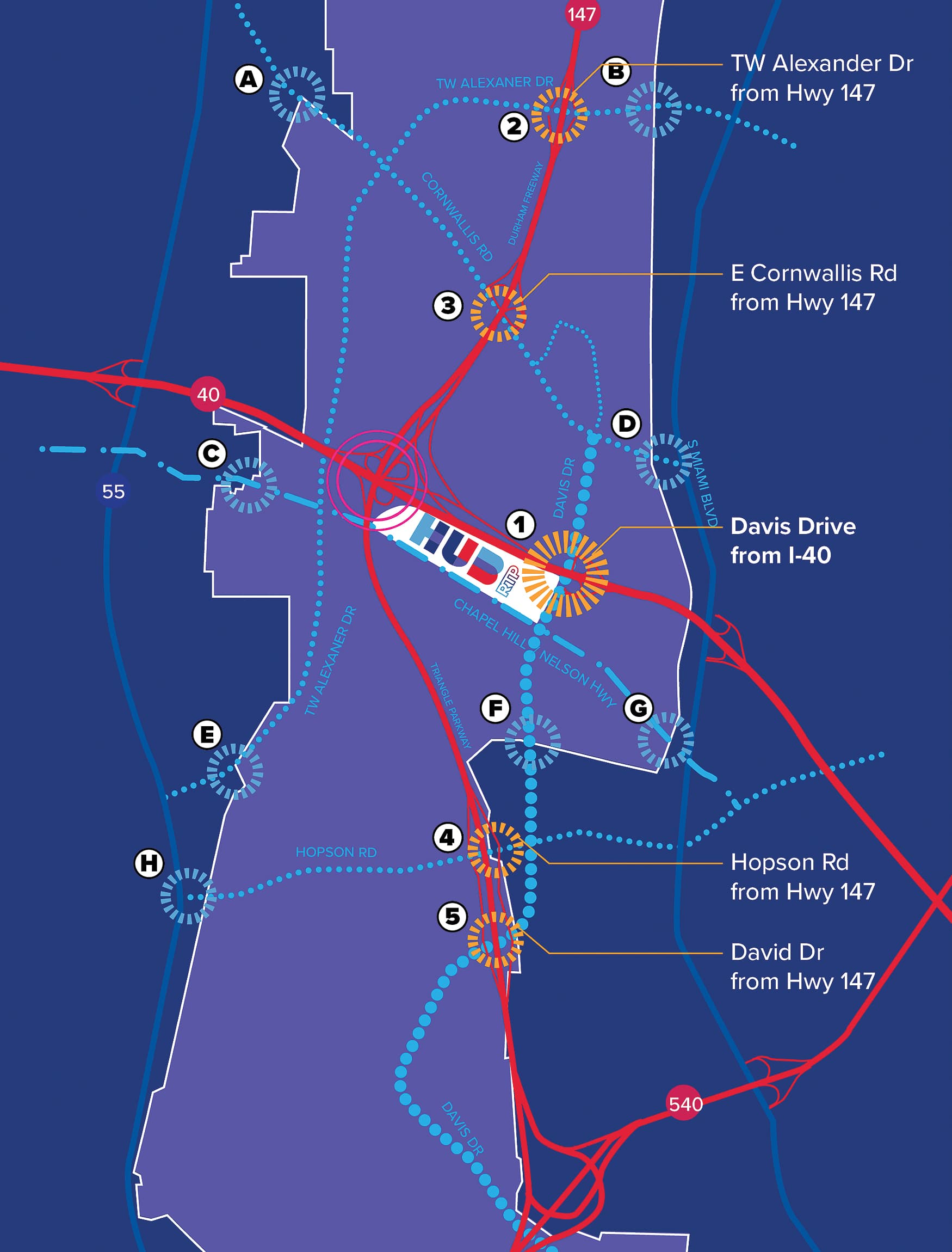 Blue, purple, and red map graphic with highways, strets, and the Hub at Research Triangle Park in Raleigh, North Carolina.