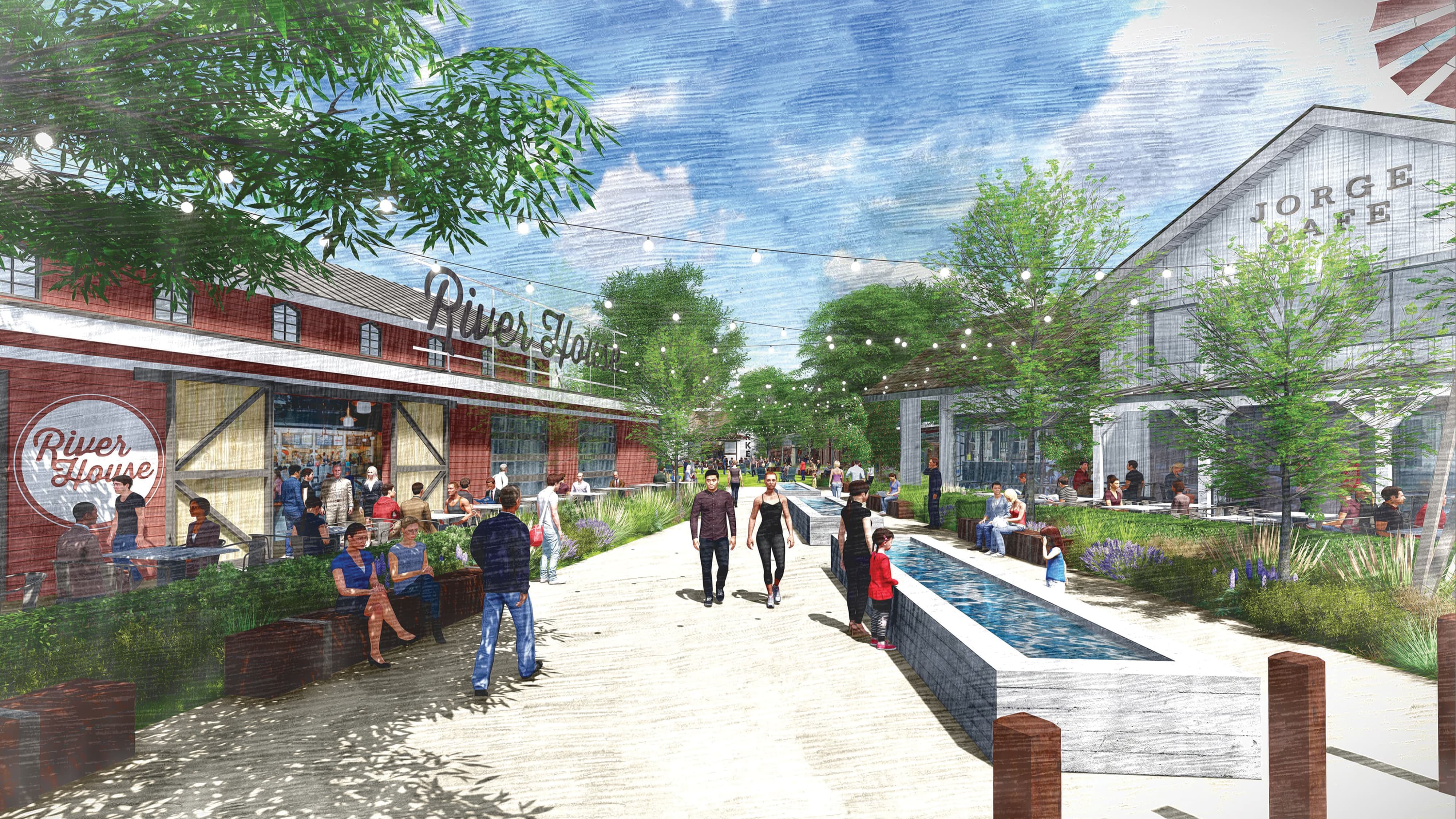 RSM Design conceptual rendering for River Street Marketplace, depicting a pedestrian-activated mixed-use streetscape with illustrated tenant signage for River House and Jorge's Cafe, string lights, a central water feature, and lively outdoor dining, showcasing how environmental graphic design, placemaking, wayfinding and signage design, and branded environments are envisioned during the early design process to create human-centered, community-gathering food and beverage, retail, and experiential environments.