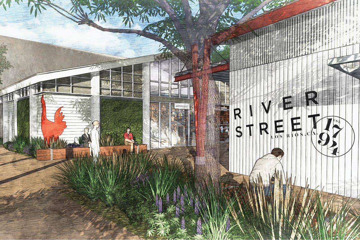 River Street Marketplace storefront rendering with rooster art and wall graphics, environmental graphic design by RSM Design