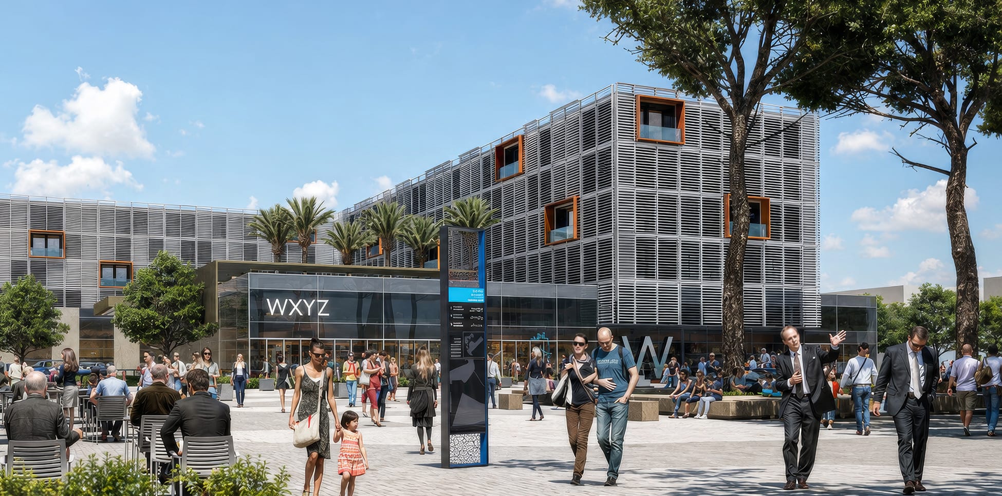 Rendering of a busy plaza in front of the 'WXYZ' storefront beneath a modern louvered mixed-use building, with a tall wayfinding pylon, palm trees, and crowds of people walking, sitting, and socializing at outdoor tables.