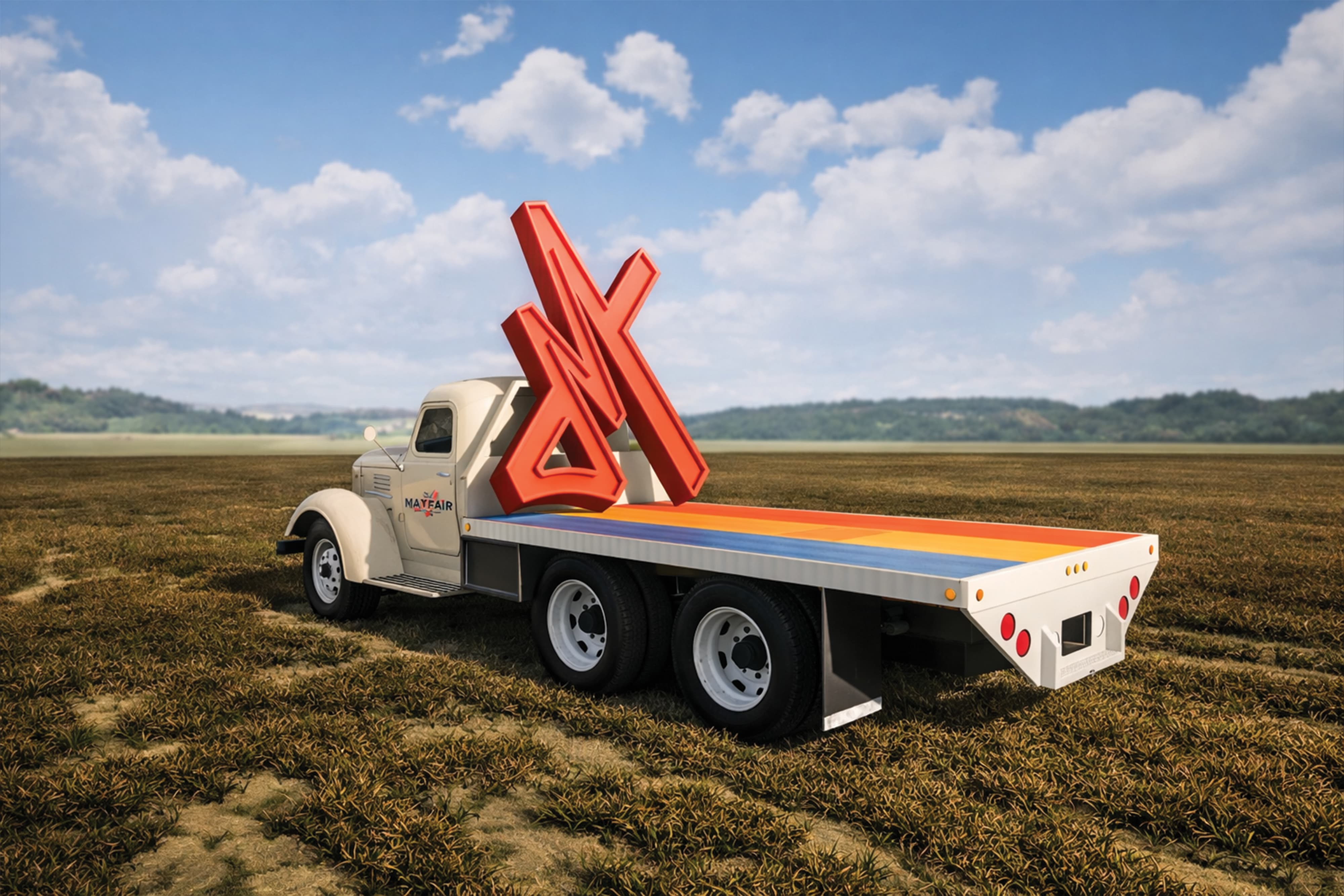 Architectural rendering of a vintage flatbed truck with a rainbow-striped bed carrying an oversized red dimensional Mayfair brand icon across an open field, showcasing playful experiential graphics and placemaking design for a mixed-use residential community by RSM Design.