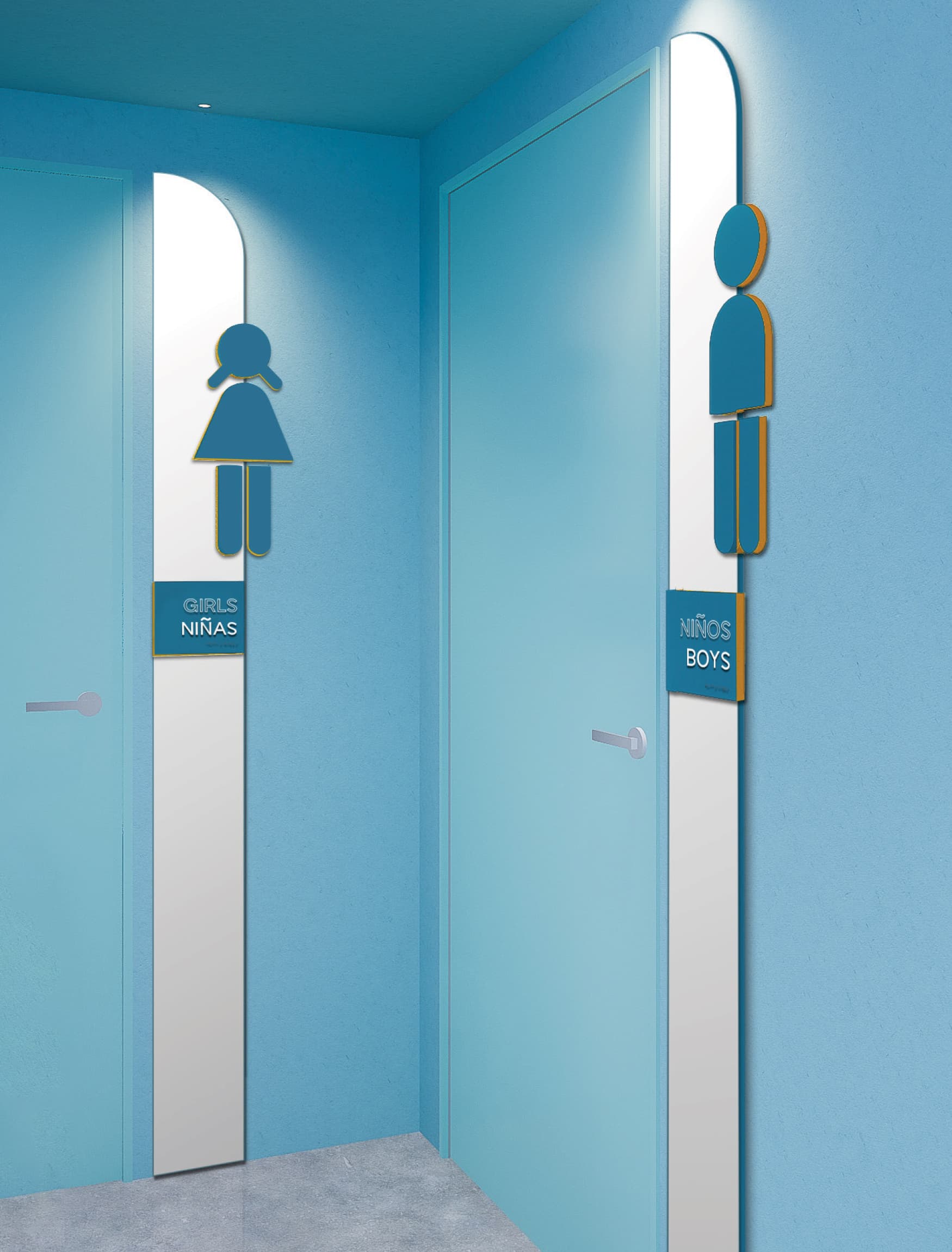 Image of the bathroom signage at La Nube, designed by RSM Design