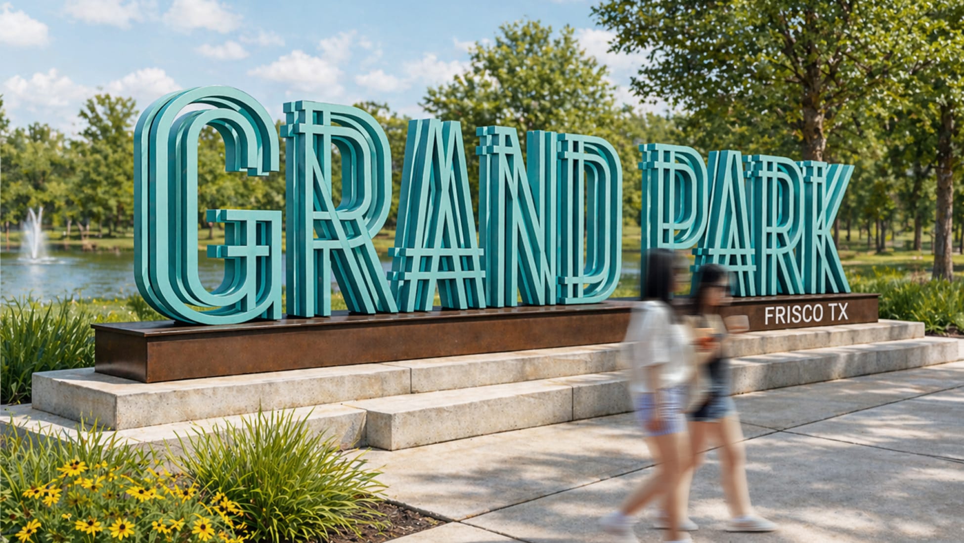 Large teal dimensional lettering spelling "Grand Park" on a weathered steel base with stone steps, native plantings, and a lake with fountains in the background. Frisco, TX.
