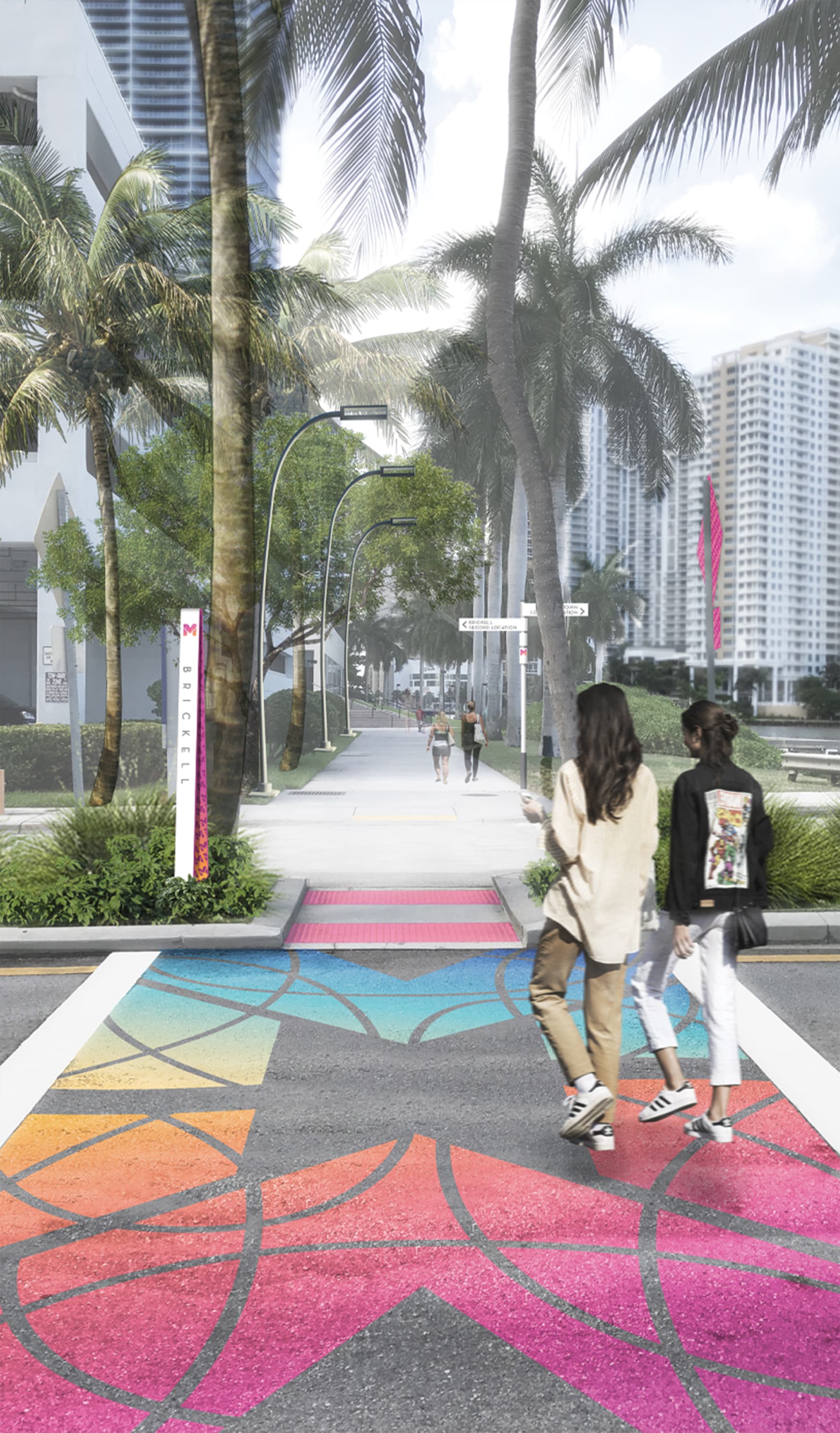 Civic Design, Transit Design, Waterfront Wayfinding Design, Streetscape Design, Park Wayfinding & Signage. Colorful crosswalk graphics for Miami Baywalk.