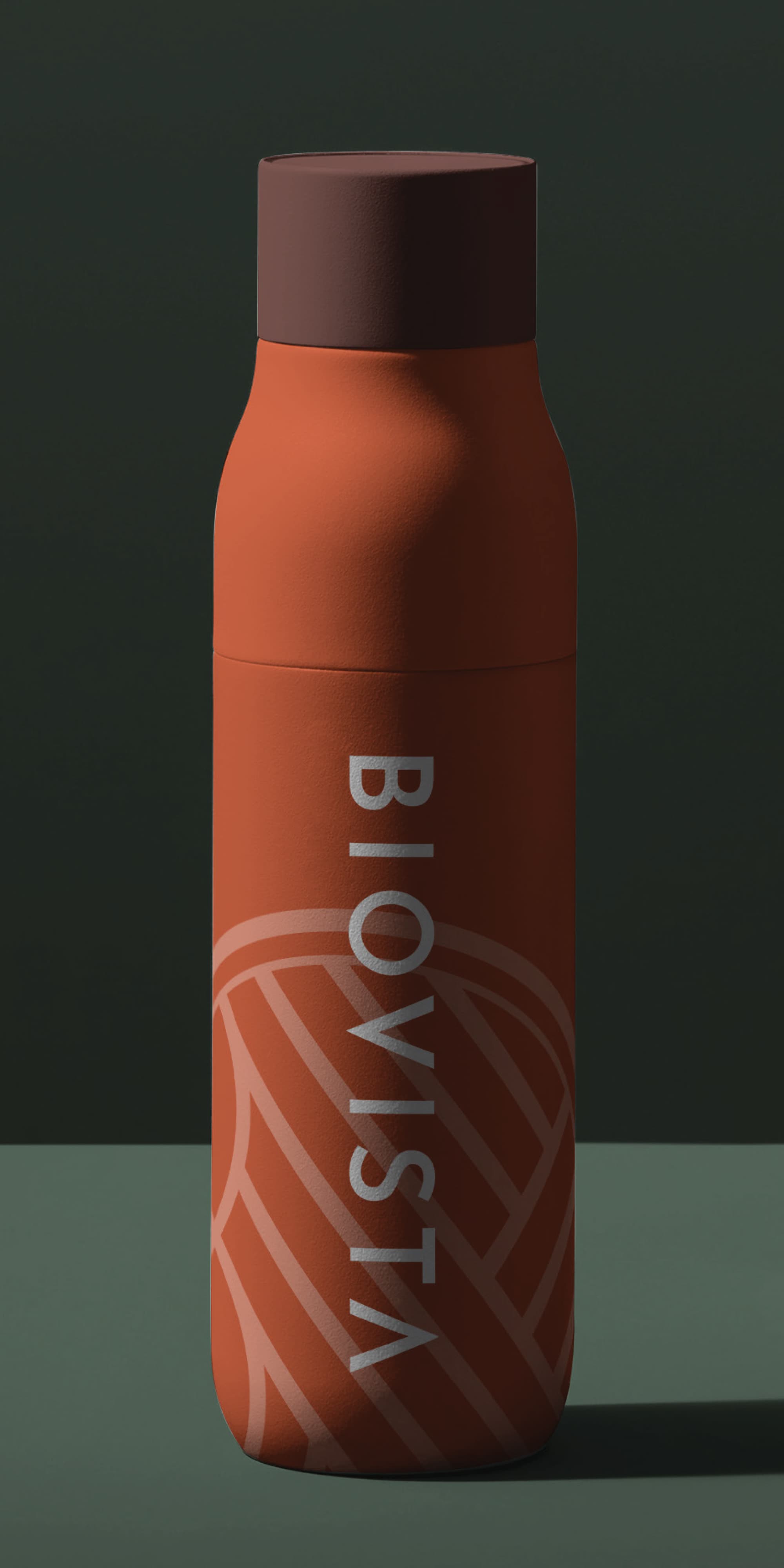 Rendering of a burnt orange water bottle with a dark brown cap, featuring the vertical 'Biovista' wordmark and a large tonal logo pattern, set against a dark green background.