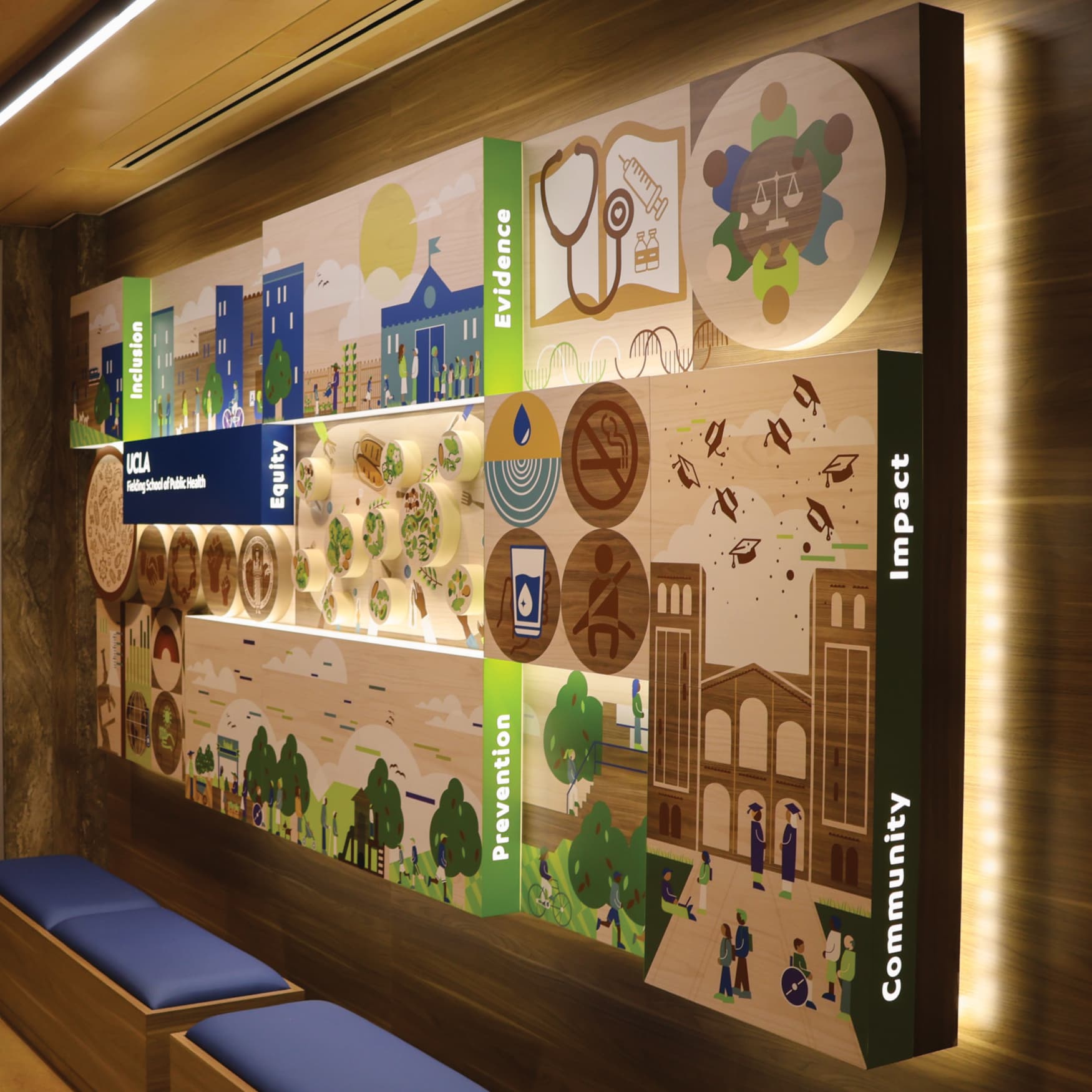 Detail image of the educational wall at the UCLA Fielding School of Public Health, designed by RSM Design. 