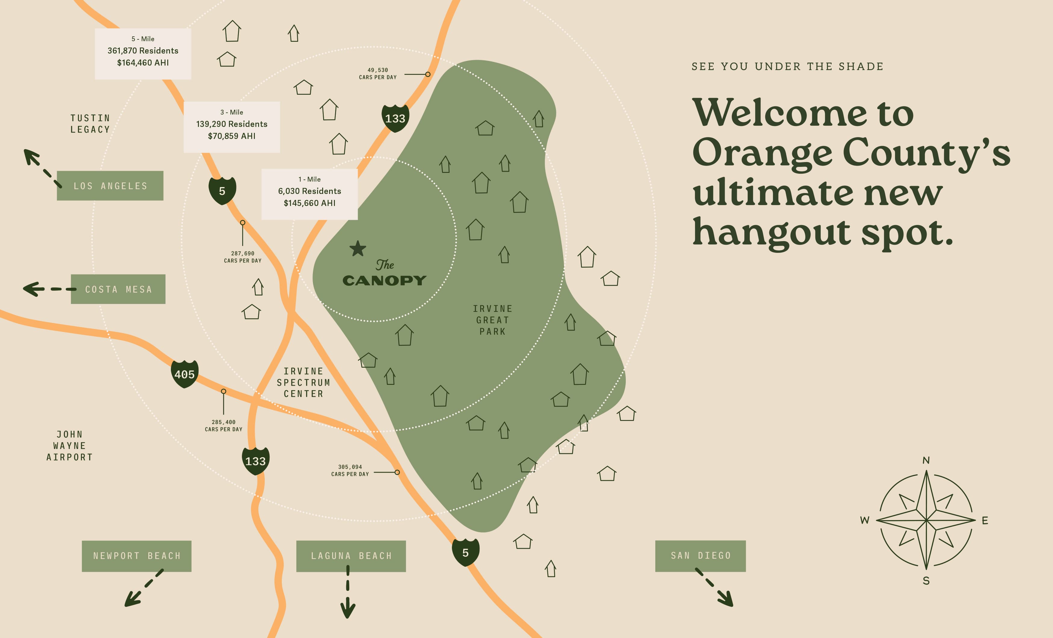 Map of the Canopy at Great Park, showing the neighboring cities and destination. 