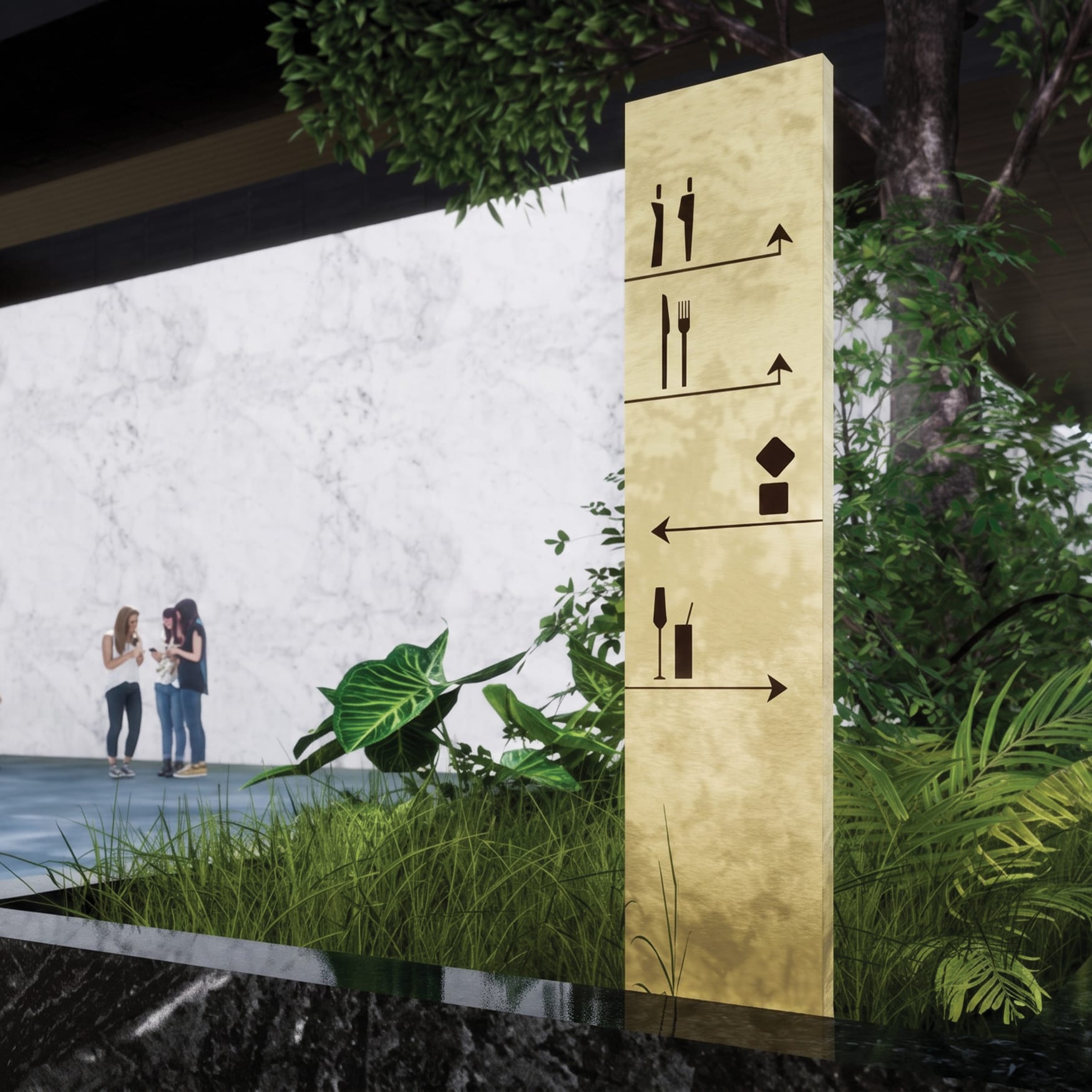 Modern wayfinding sign featuring minimalist restroom, dining, retail, and amenity icons on a brushed brass panel, integrated into a landscaped pedestrian environment with lush greenery and contemporary architecture.