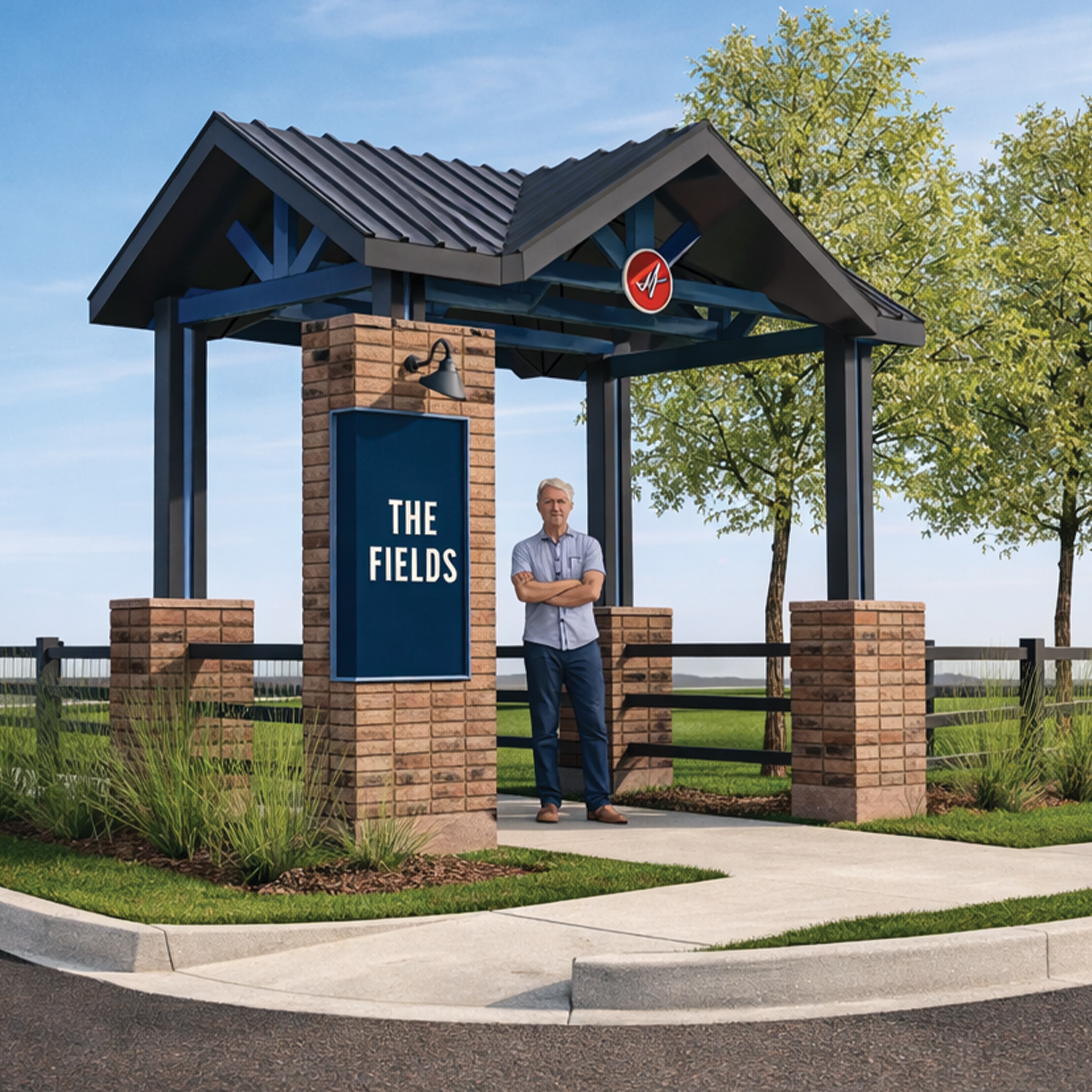 Architectural rendering of a brick and steel entry pavilion with a navy "The Fields" monument sign panel and Mayfair brand icon at a residential community entrance, showcasing placemaking, wayfinding, and branded environment design by RSM Design.
