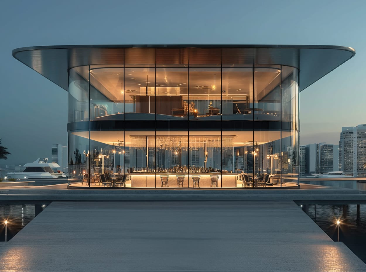 RSM Design Ramhan Island Marina Abu Dhabi — illuminated luxury waterfront pavilion with curved glass facade, double-height marina bar and dining at dusk with yacht berths and Abu Dhabi skyline beyond