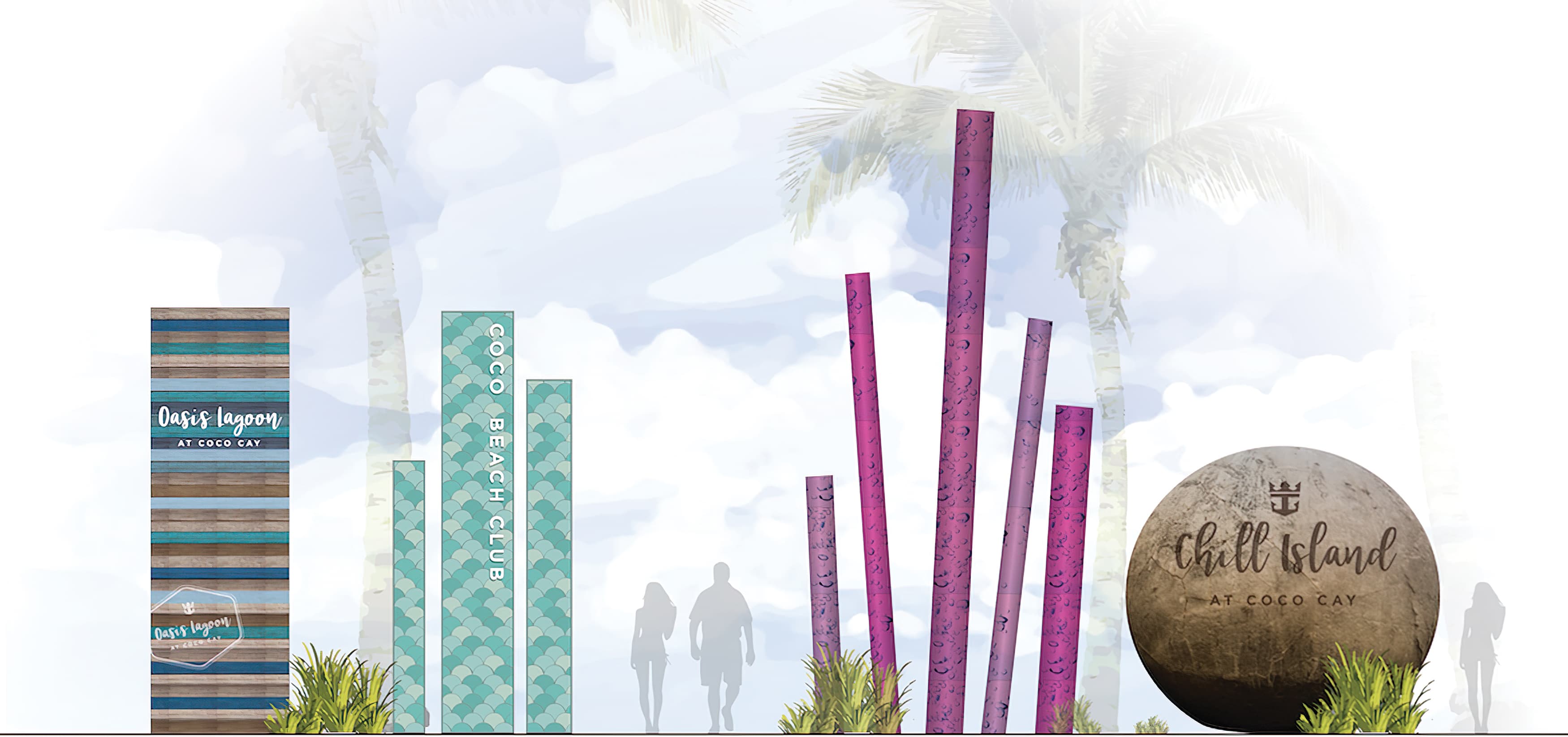 RSM Design developed a series of sculptural identity and wayfinding pieces for Coco Cay, an island in the Bahamas owned by Royal Caribbean.