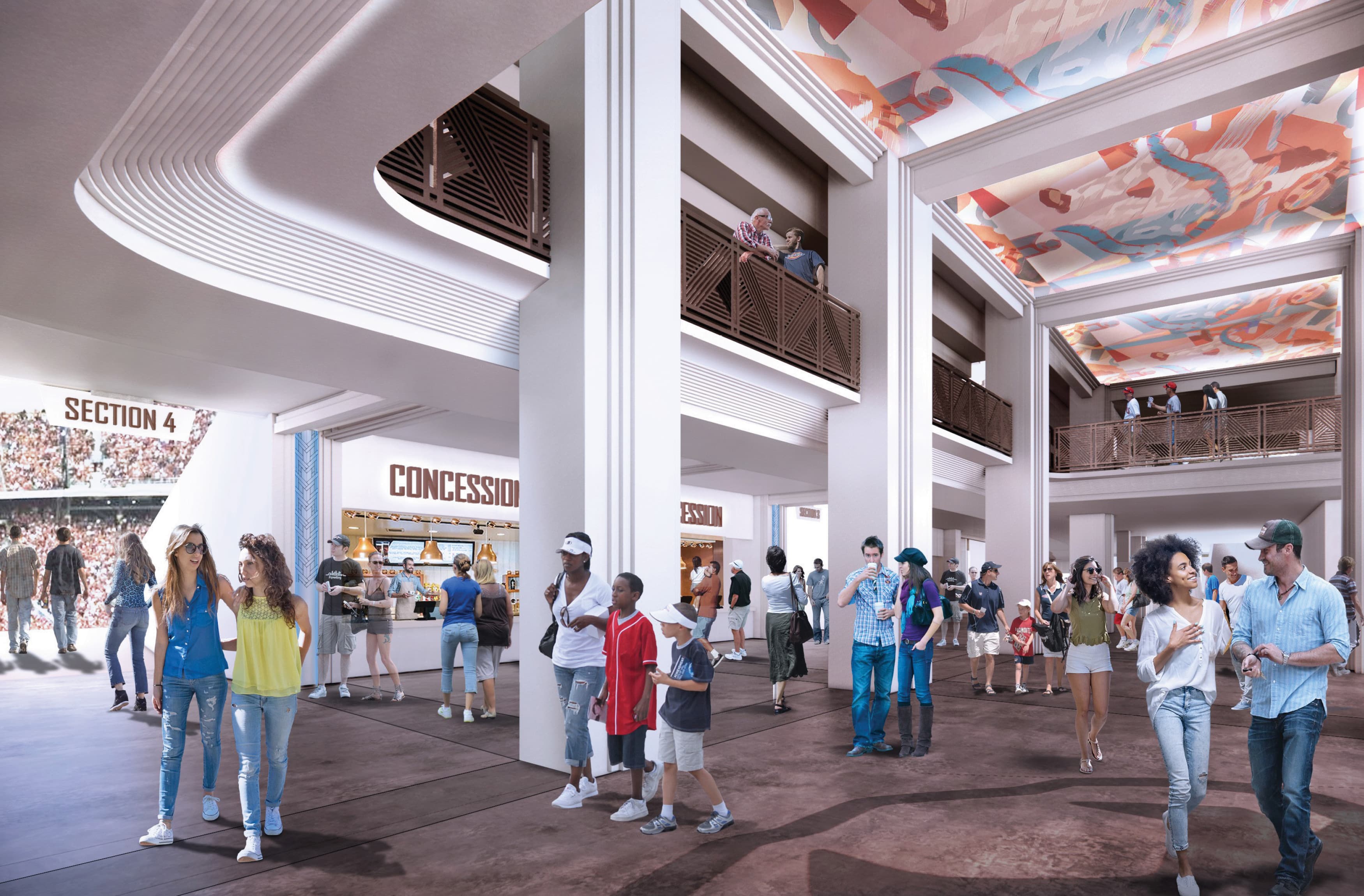 Rendering of the lobby of Cotton Bowl Stadium, with crowds walking through. 