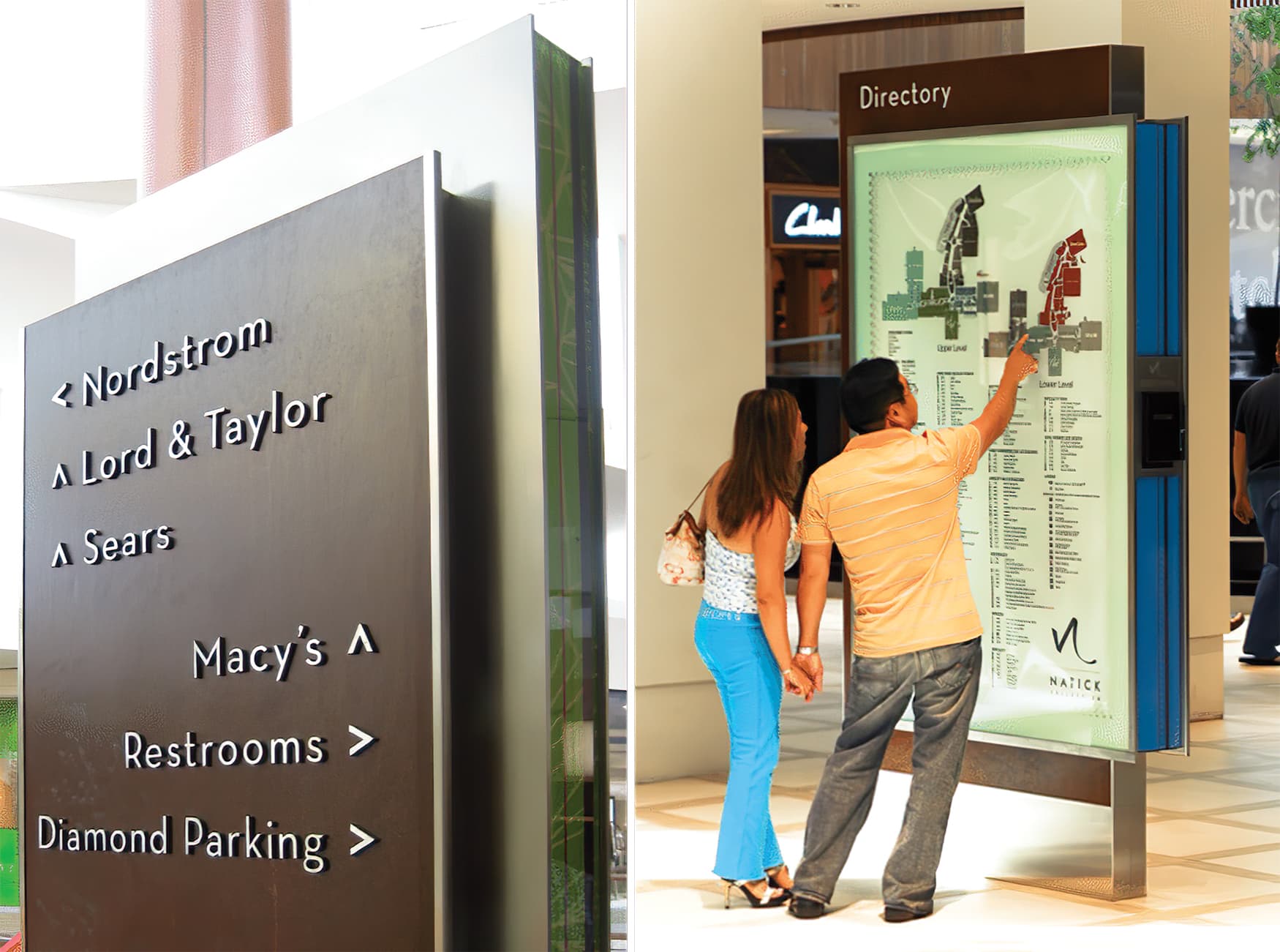 Natick Collection, New England's largest mixed-use retail destination, commissioned RSM Design to create a brand identity as well as a placemaking, identity, and wayfinding features. Pedestrian Wayfinding Design. Retail Directory Map Design.