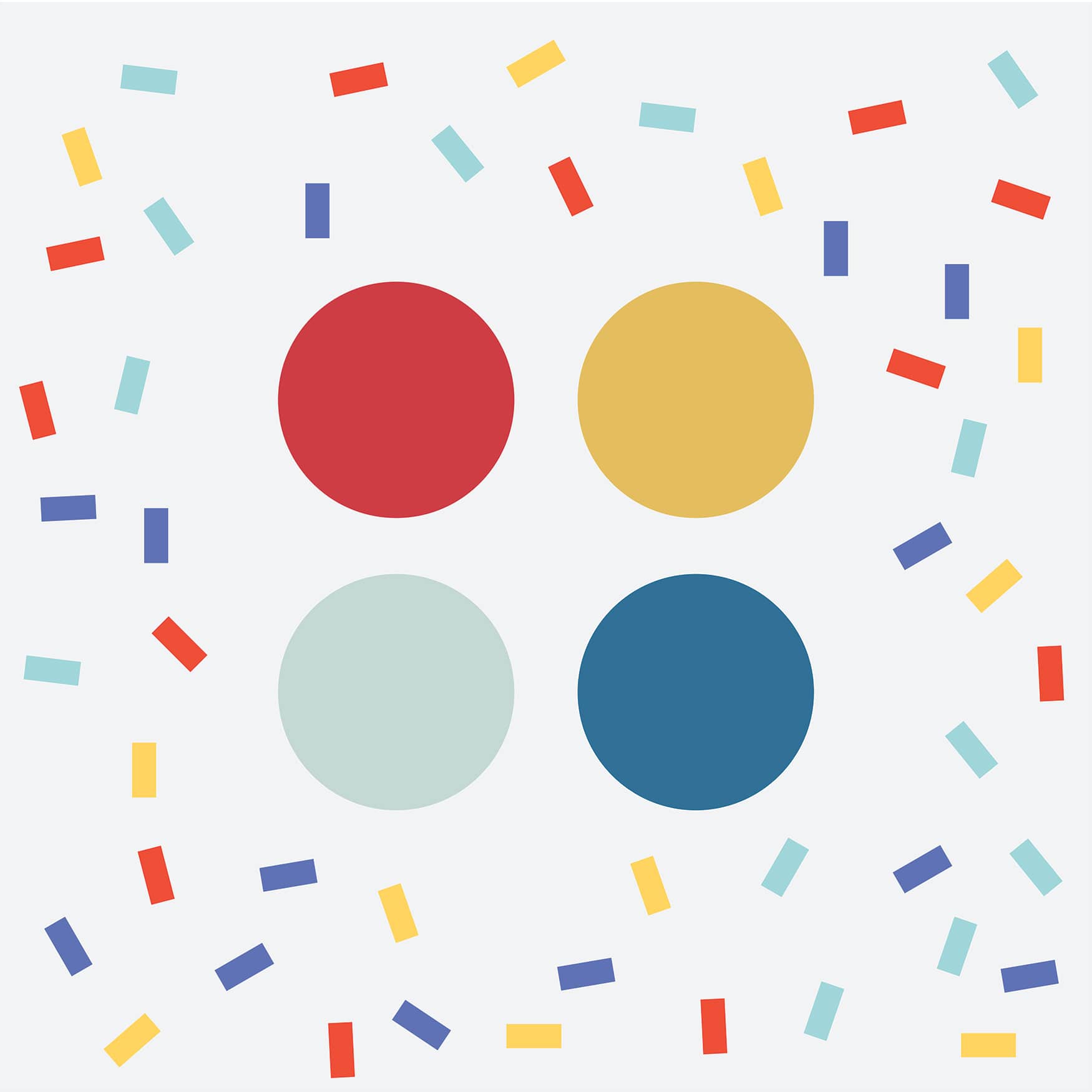 Playful color palette display with confetti surrounding the circles that represent each color.