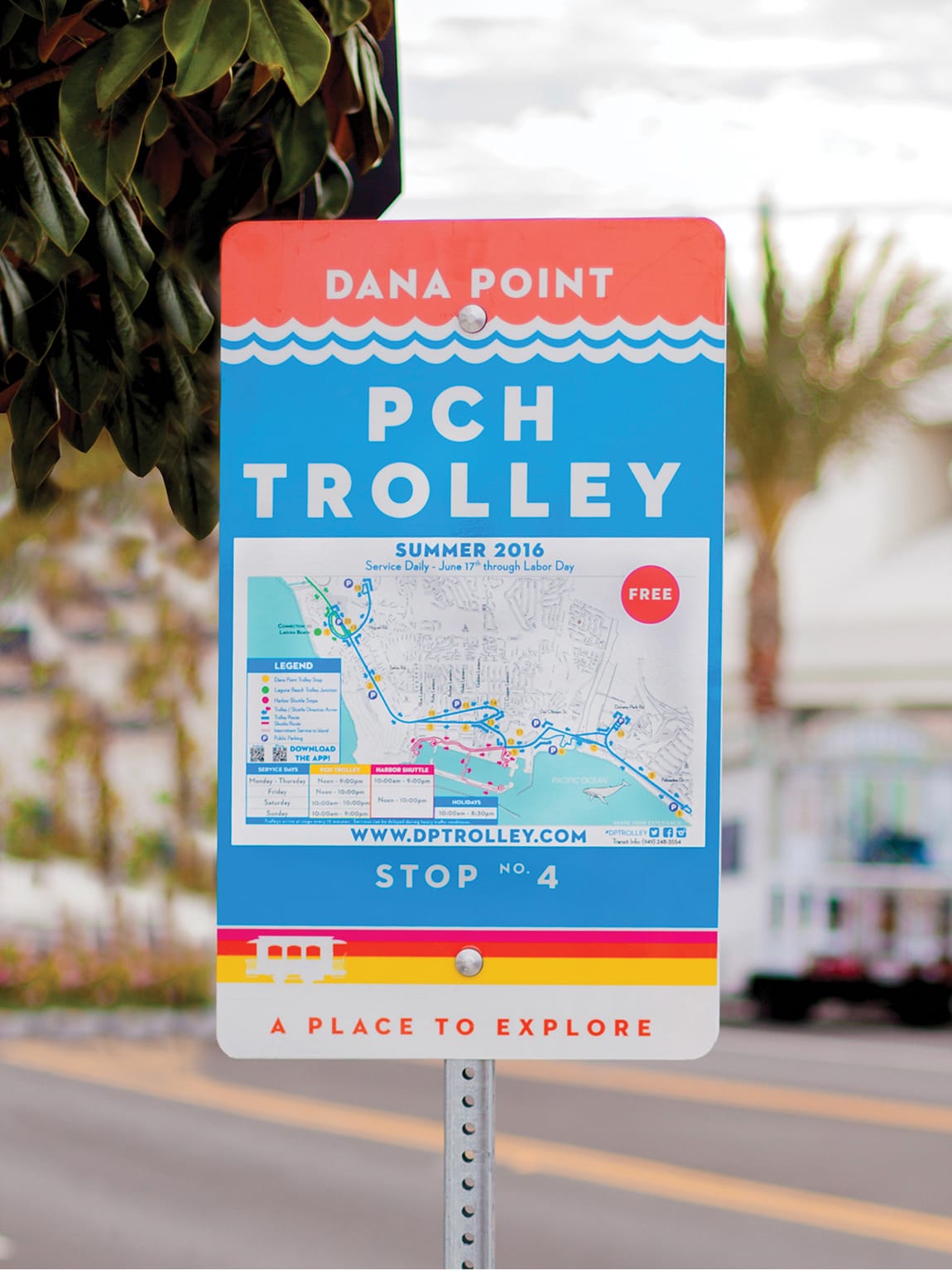 Dana Point PCH Trolley stop sign with route map, wayfinding design by RSM Design