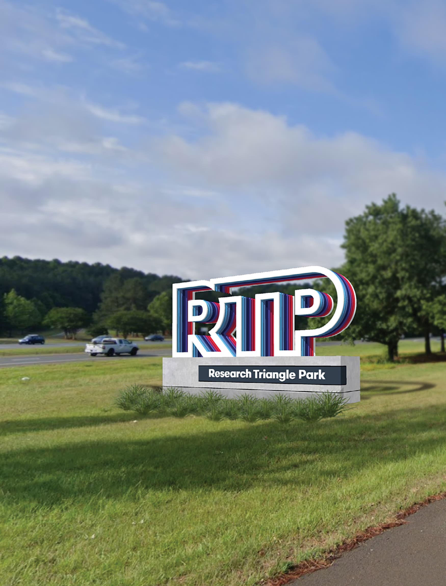 Vehicular monument signage for Research Triangle Park in Raleigh, North Carolina.