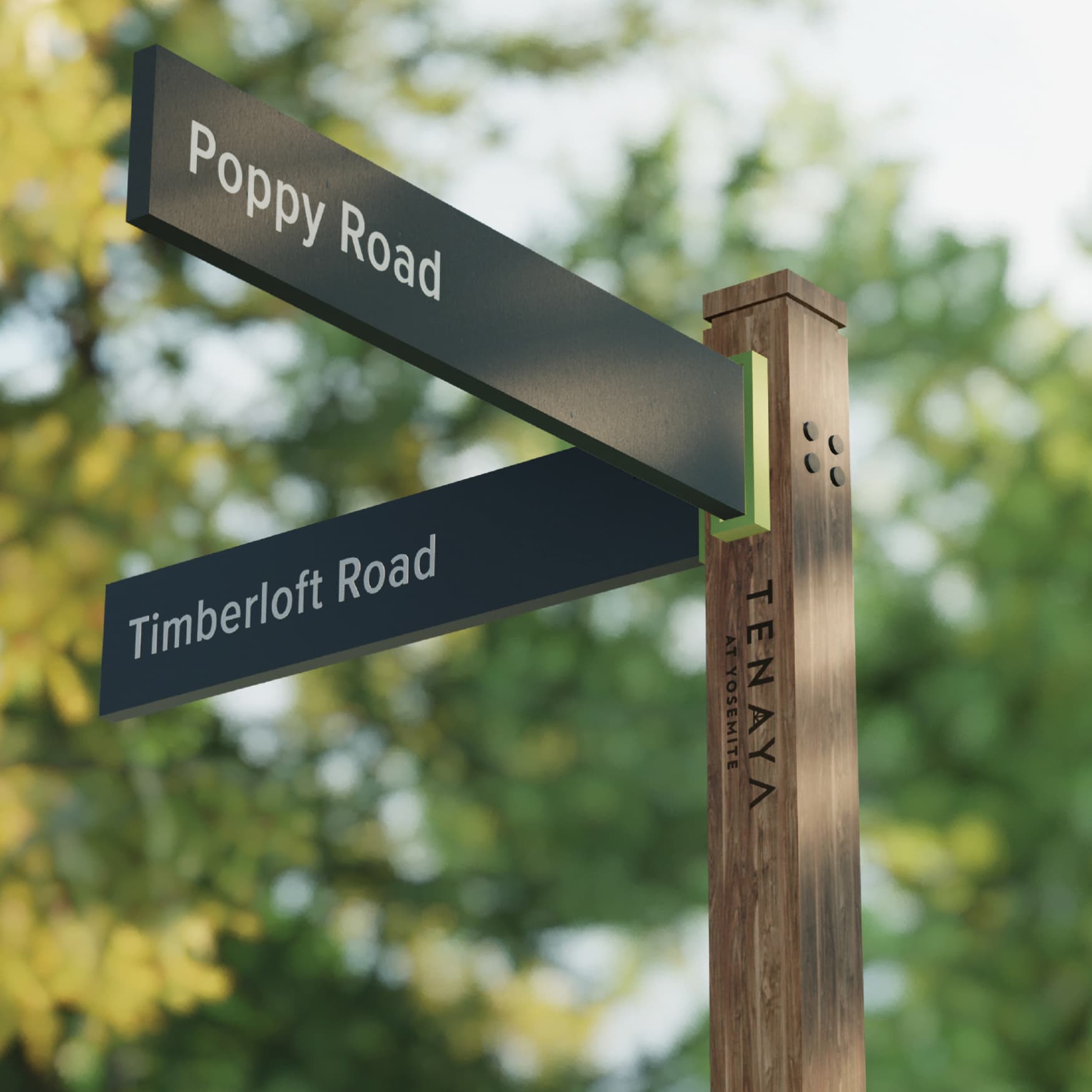 Close up detail image of the top of the directional sign at Tenaya, designed by RSM Design