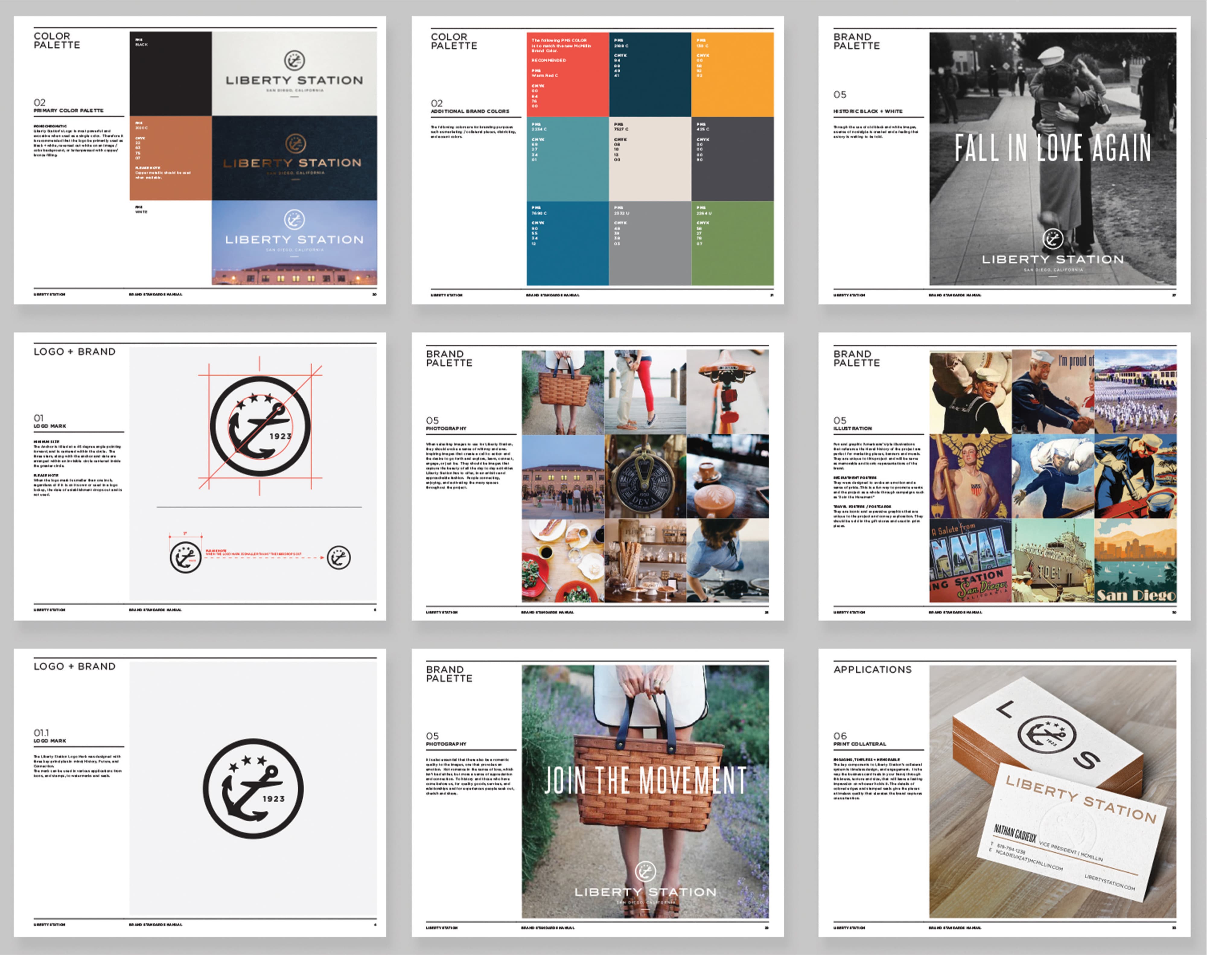 Grid of nine pages from the Liberty Station brand standards manual, showing color palettes, logo mark construction guidelines, campaign spreads reading 'Fall in Love Again' and 'Join the Movement,' photography and illustration mood boards, and business card and print collateral applications.