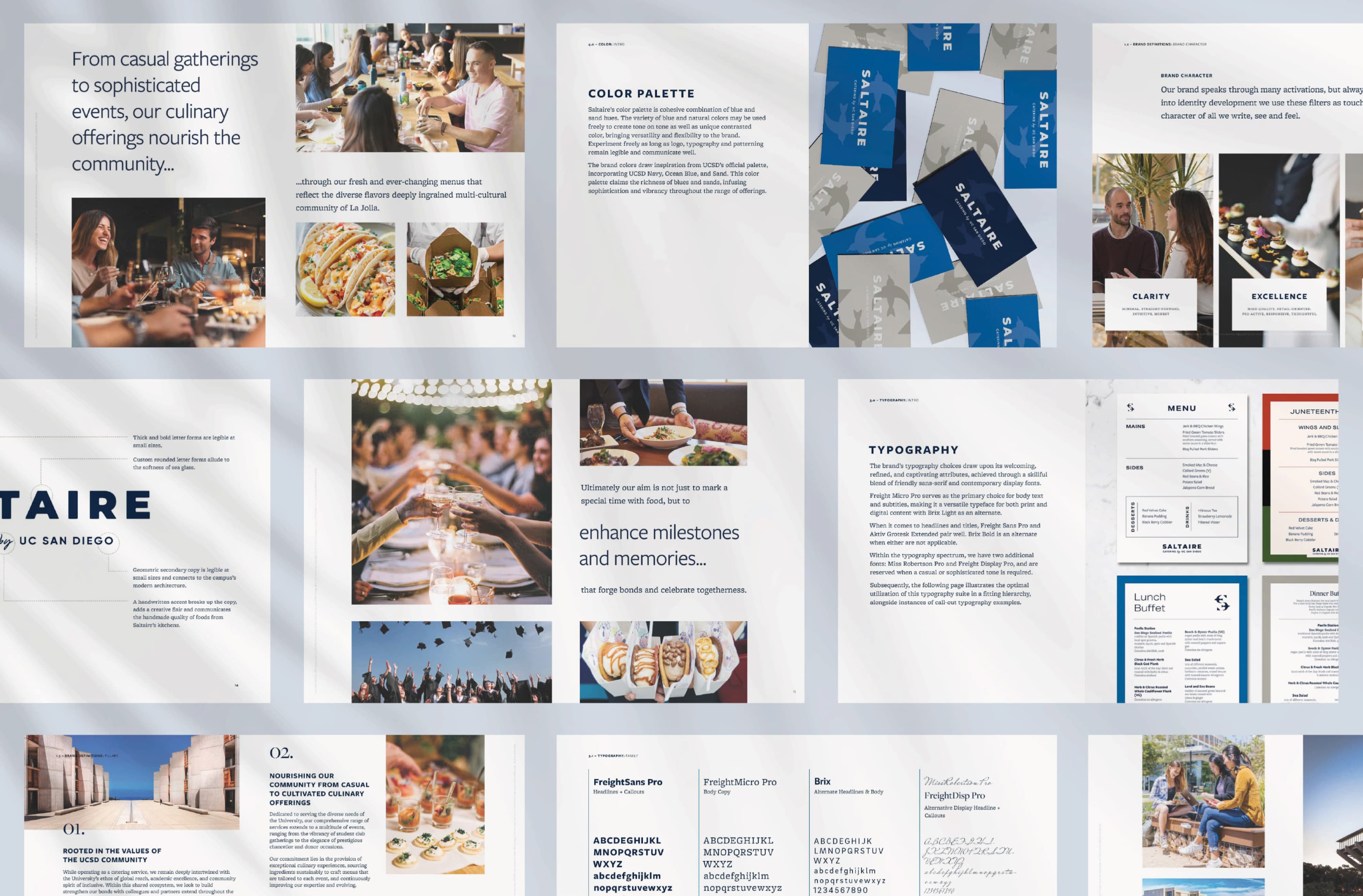 Brand guidelines spread for Saltaire Catering by UC San Diego showcasing color palette, typography, print collateral, and visual identity system across menus and branded materials, highlighting branding and visual identity design for a food and beverage and education market client by RSM Design.