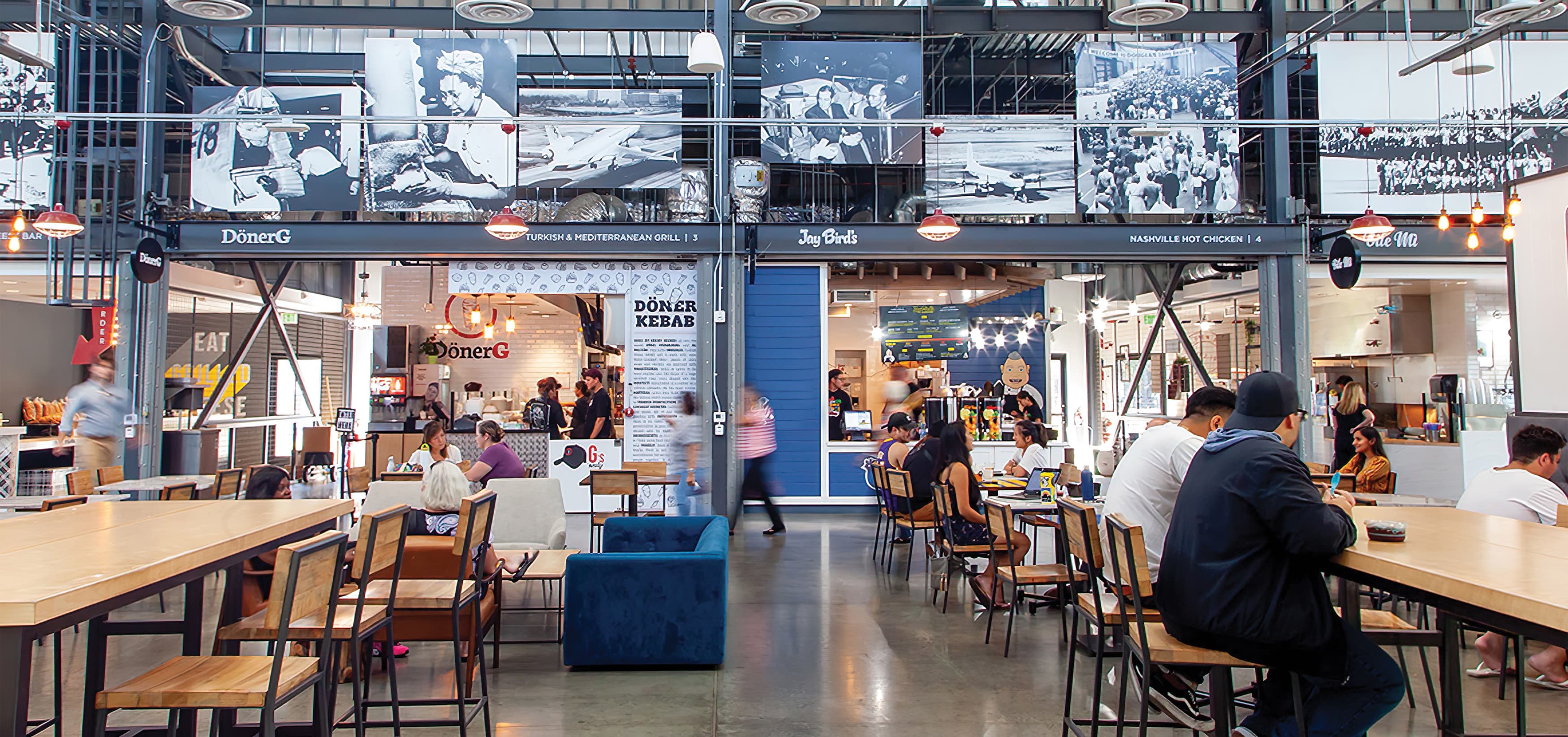 The Hangar, a food hall dining complex at Long Beach Exchange.  Menu Signage. Food Hall Design.