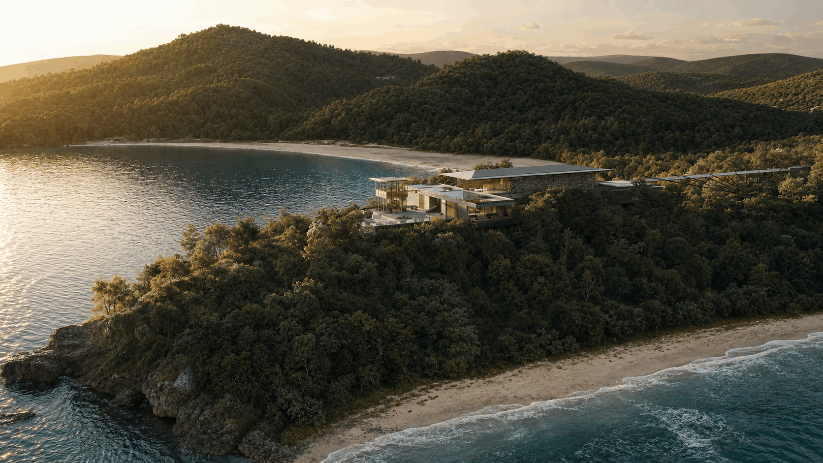 Aerial rendering of a modern resort building perched on a forested peninsula between two sandy beaches, overlooking turquoise water at sunset, with rolling green hills in the background.