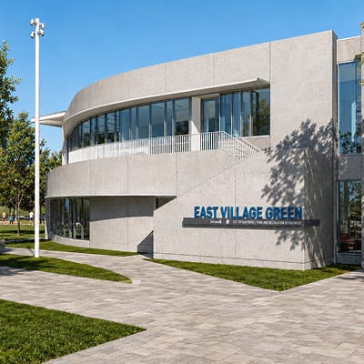 Curved concrete recreation center building with 'East Village Green' signage on its facade, an outdoor staircase leading to an upper terrace, a flagpole, and a paved plaza with lawn areas in the foreground.