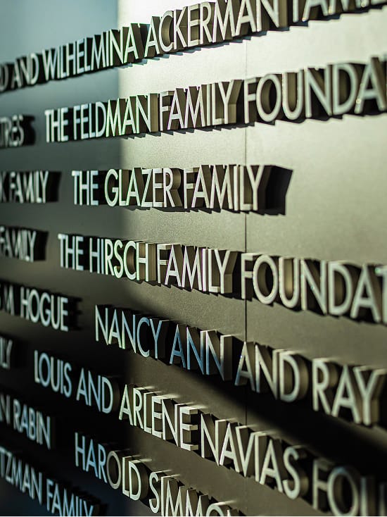 Angled close-up of dimensional donor names on illuminated recognition wall at Dallas Holocaust and Human Rights Museum - donor recognition design by RSM Design