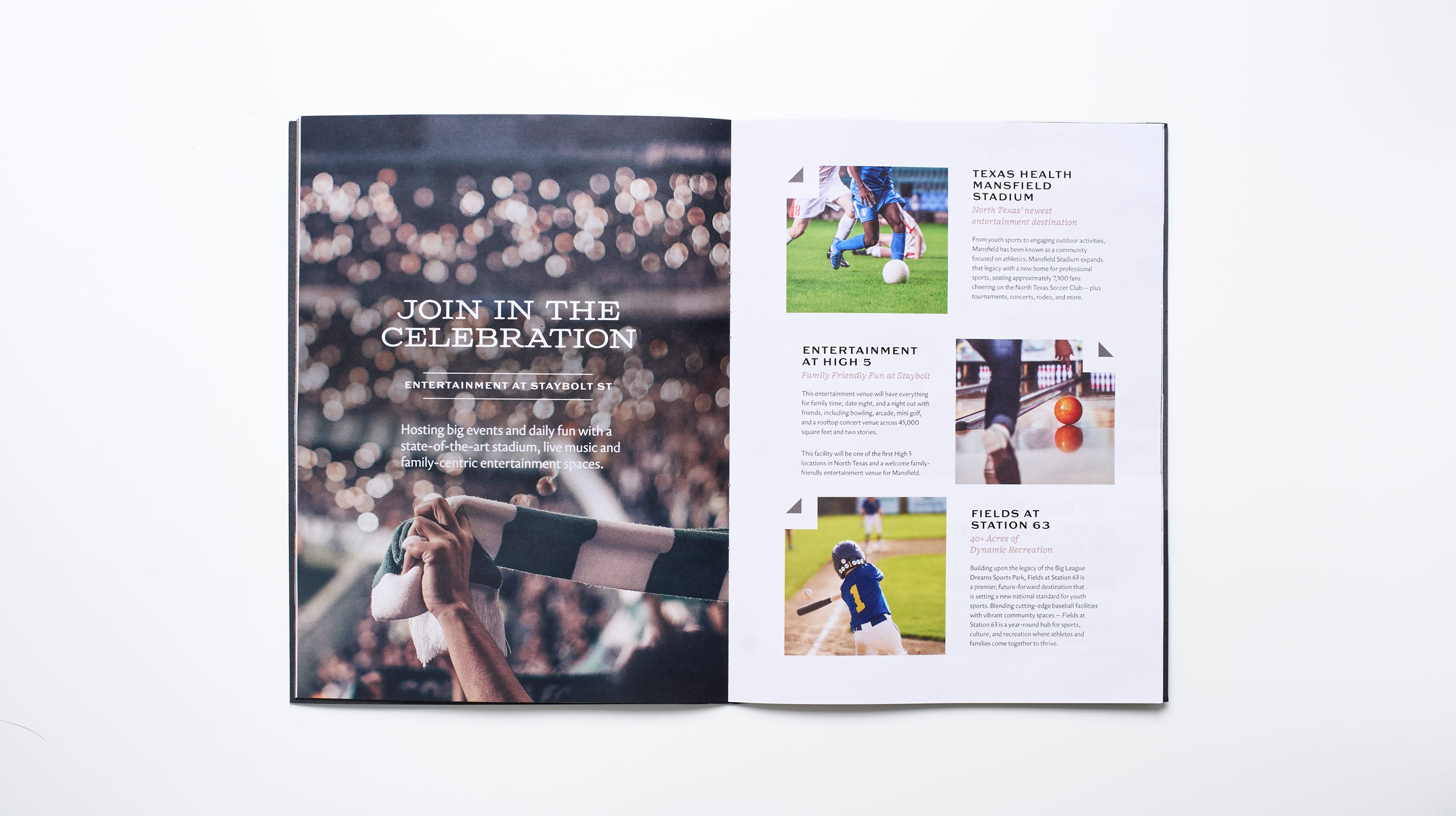 Open leasing brochure spread with a stadium crowd photo and scarf-holding fan silhouette, paired with photos of soccer, bowling, and youth baseball illustrating stadium and entertainment venue descriptions, Staybolt Street, Mansfield, Texas, brand identity and leasing collateral design by RSM Design