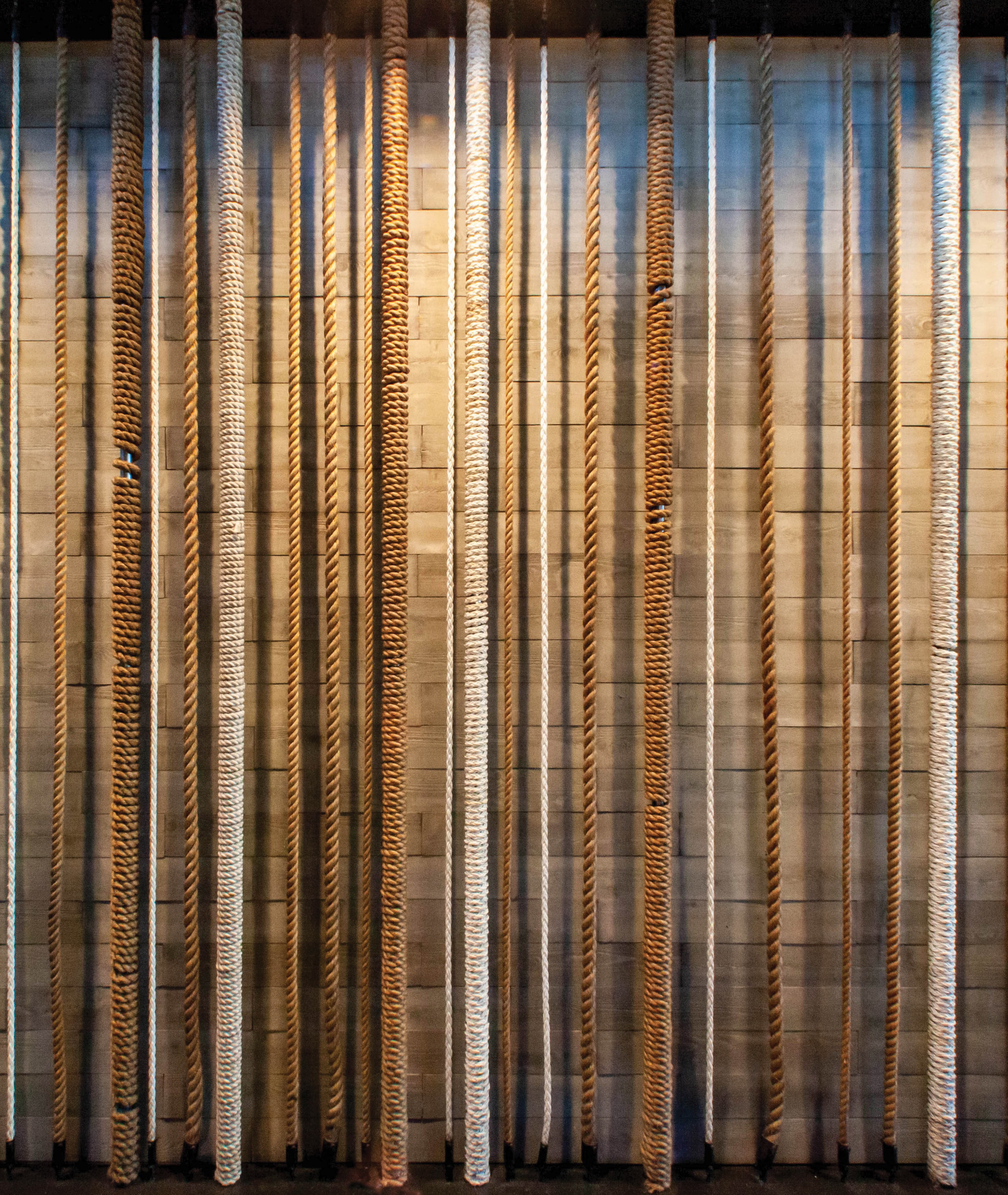 A floor-to-ceiling interior feature wall composed of vertically suspended nautical ropes in varying thicknesses and natural fiber tones, dramatically lit against a warm wood plank backdrop — exemplifying RSM Design's placemaking and experiential graphics and branded environments approach to specialty graphics and art programs within the food and beverage and mixed-use markets