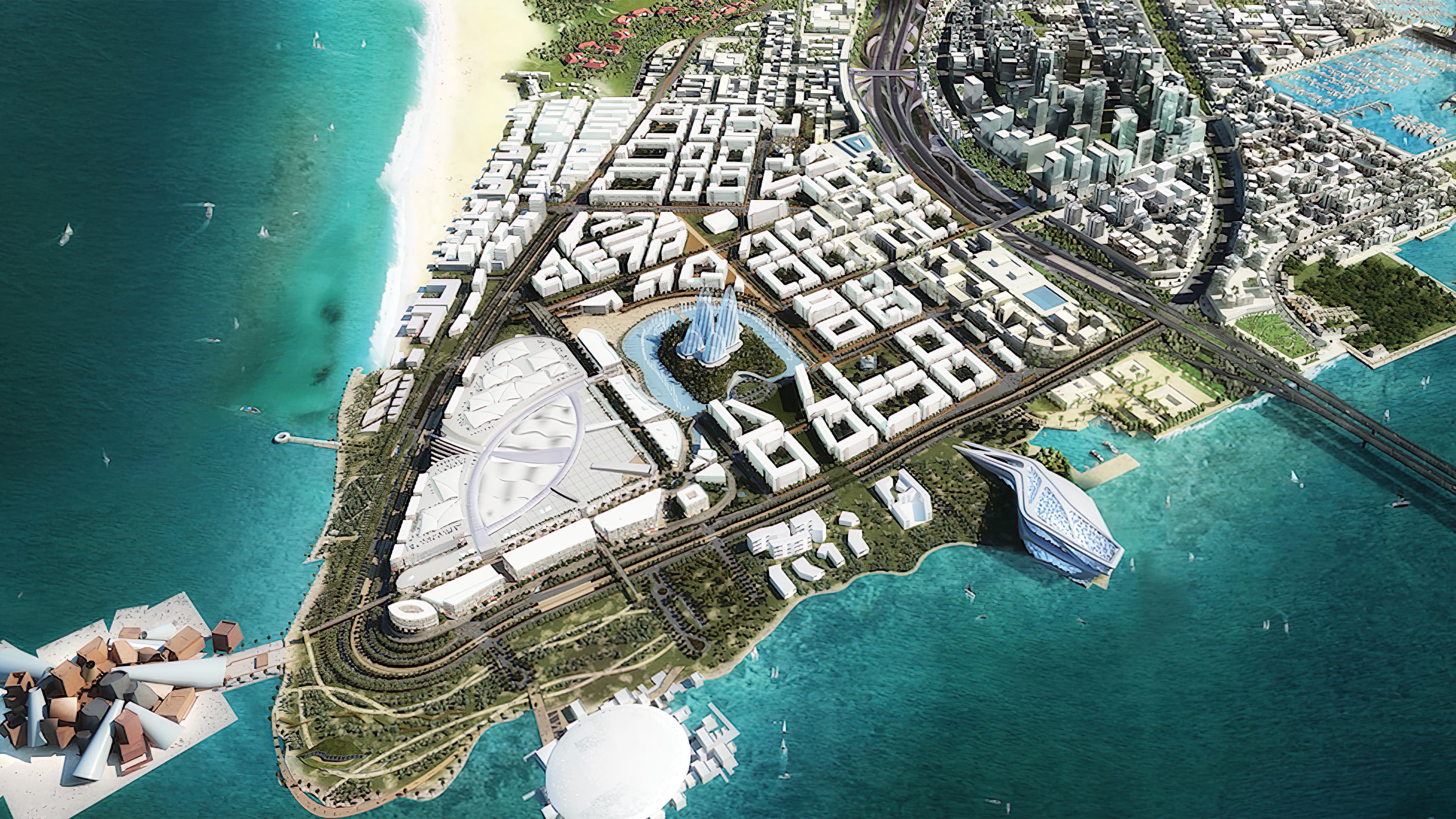 Aerial view of entire "The District" project situated next to the sea