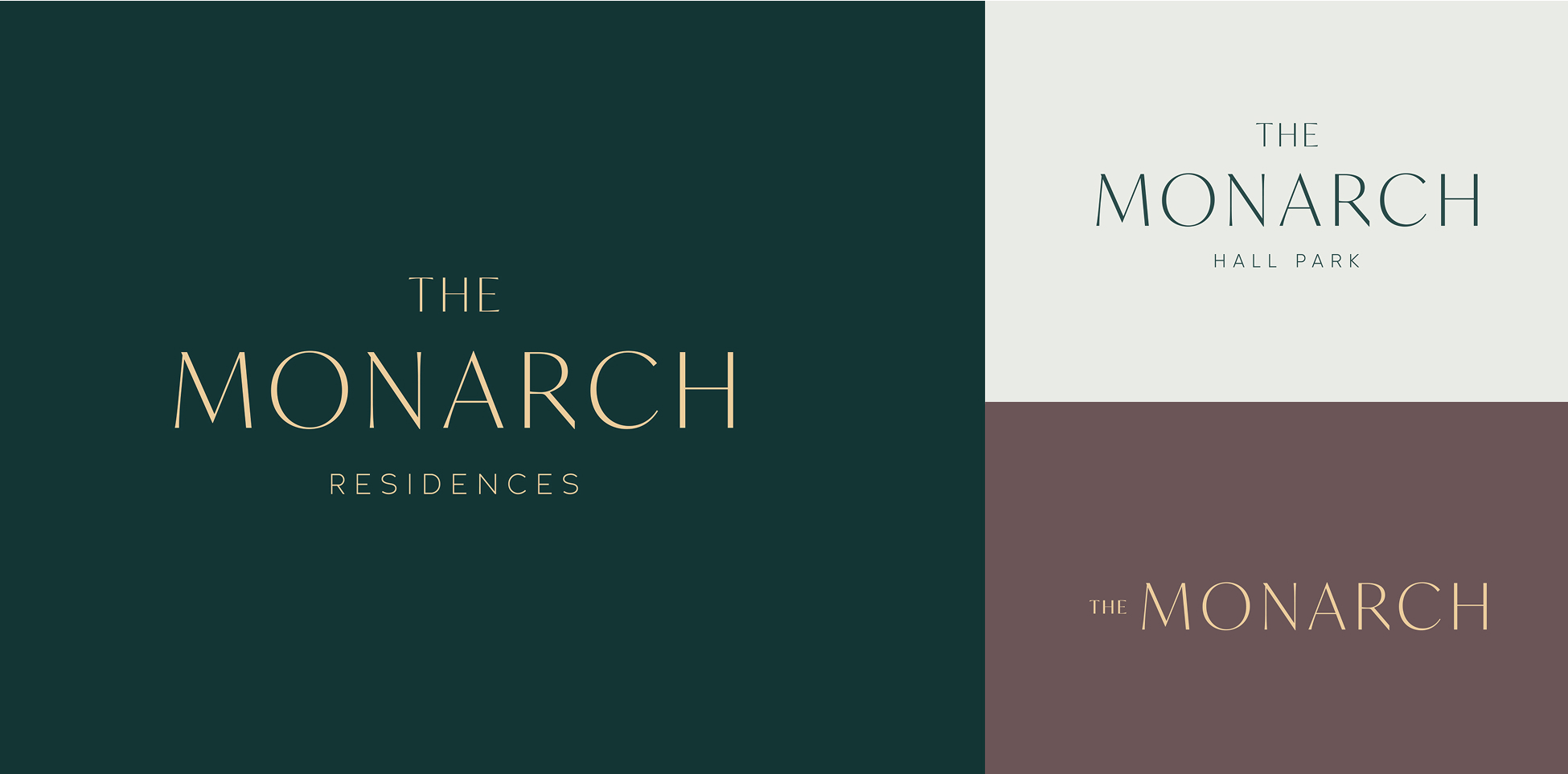 The Monarch at Hall Park luxury residential brand identity logo variations — deep forest green, cream, and mauve color palette with elegant serif typography, designed by RSM Design