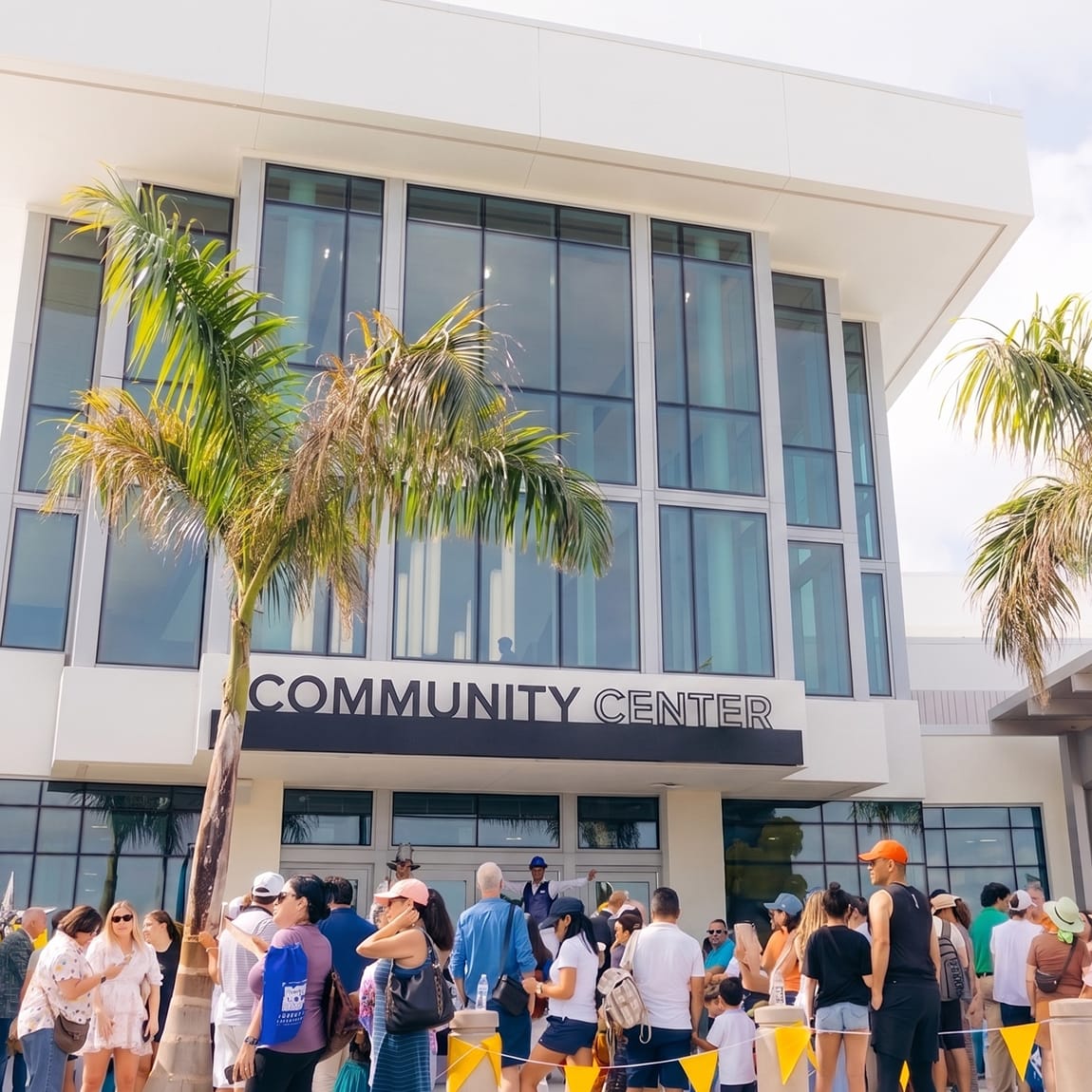 Doral Central Park Community Center building exterior with dimensional signage at grand opening — environmental graphic design by RSM Design