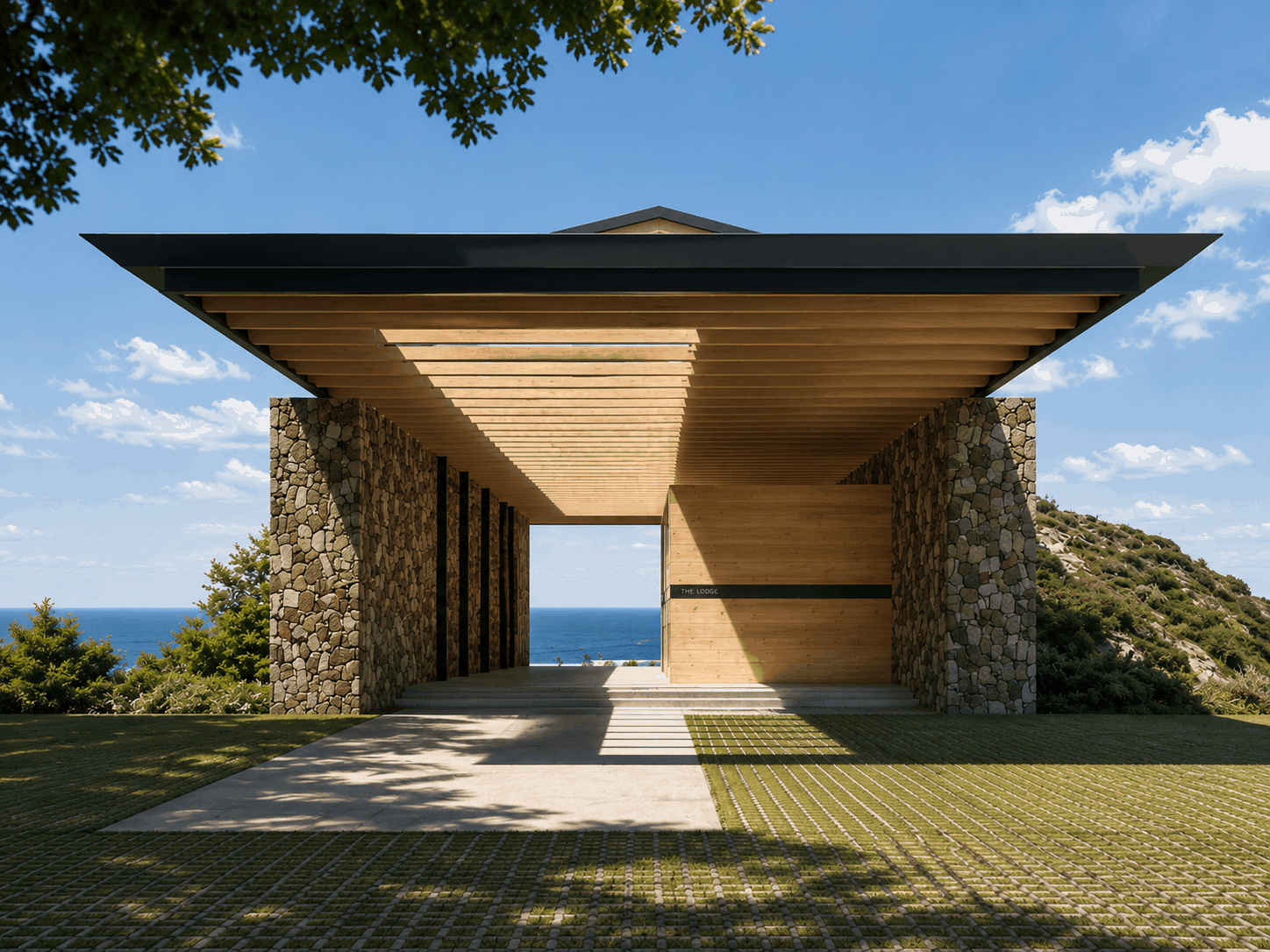 Symmetrical rendering of 'The Lodge' entrance, framed by stone walls and a wide overhanging wood-slat roof, with a paved walkway leading to a wood-paneled reception area and an ocean view visible through the central opening
