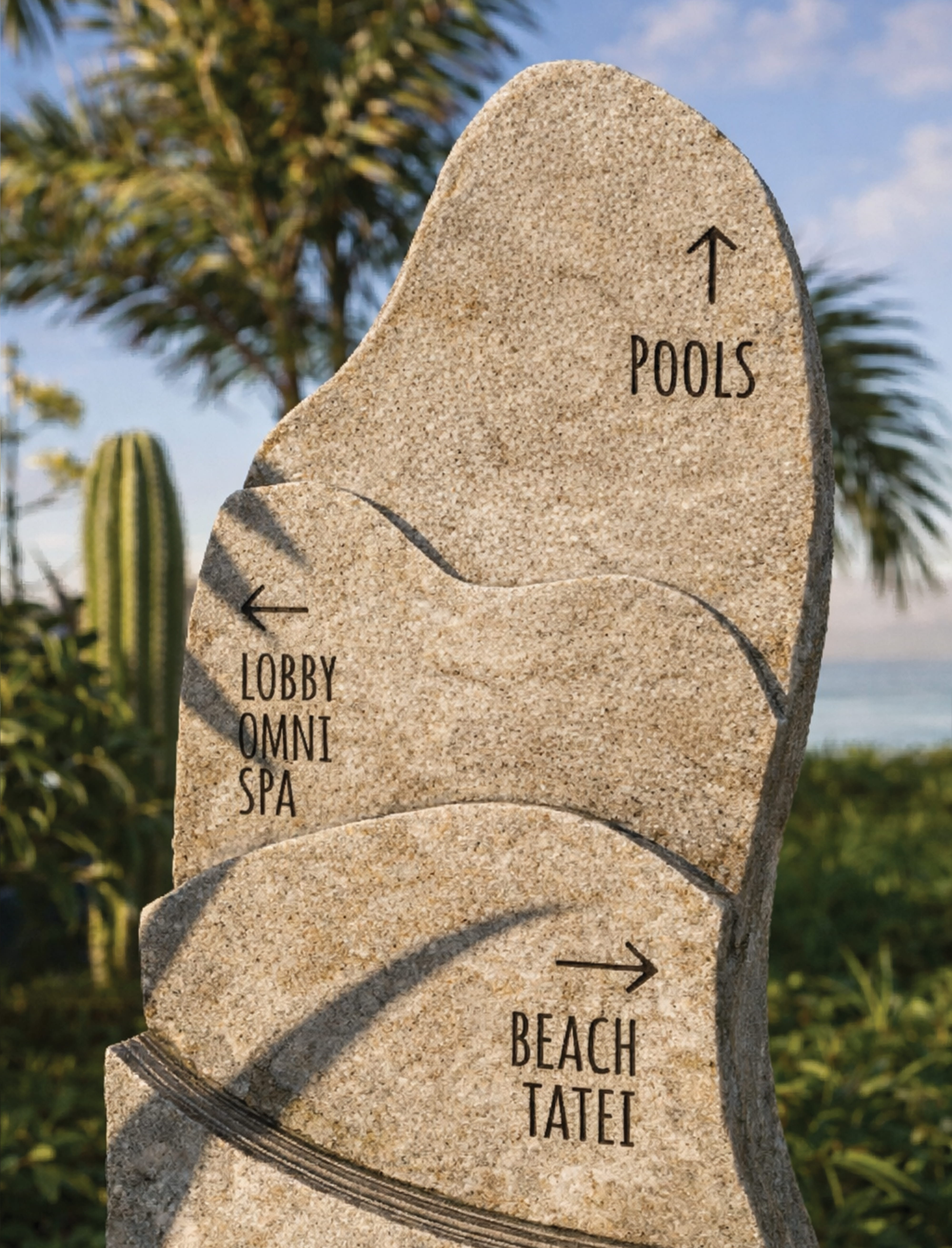 Carved stone wayfinding sign directing to pools, lobby, spa, and beach, integrated into coastal landscape, showcasing environmental graphic design, experiential wayfinding, and placemaking for hospitality, resort, and mixed-use destinations.