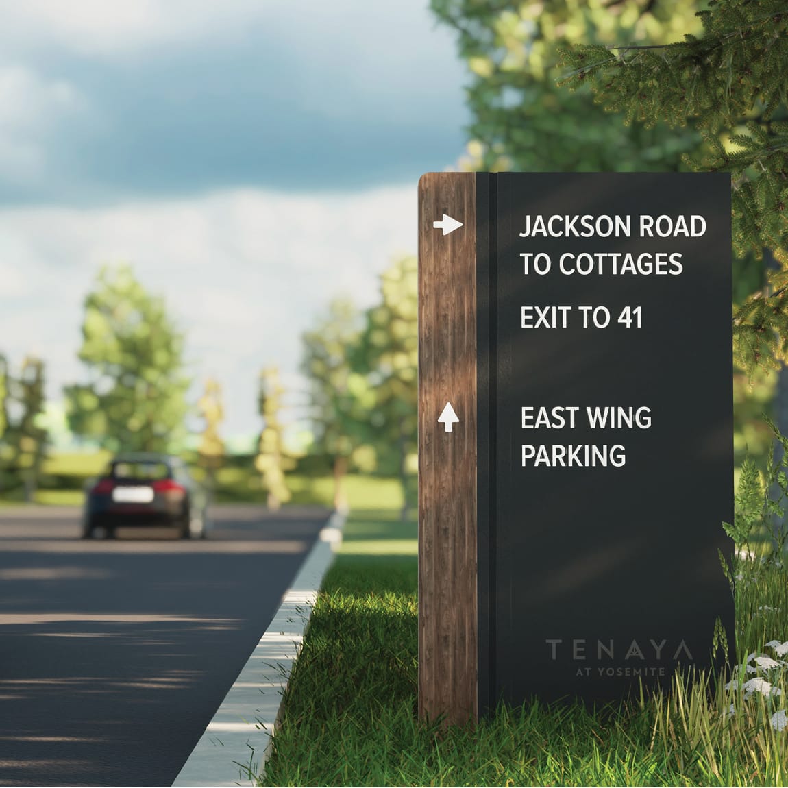 Tenaya at Yosemite roadside wayfinding sign directing drivers to Jackson Road to Cottages, Exit to 41, and East Wing Parking, alongside a tree-lined resort driveway