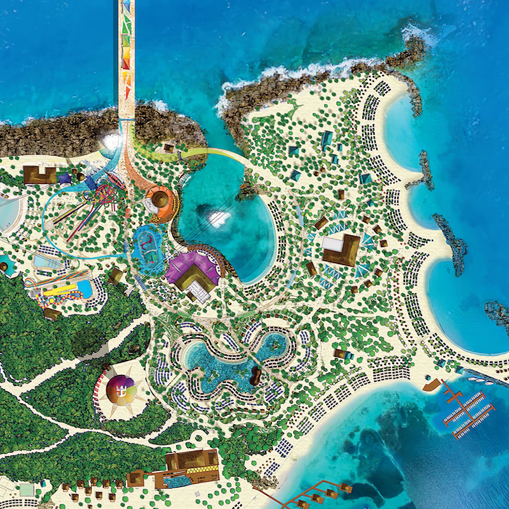 A playful, illustrative map of Coco Cay Island located in the Bahamas