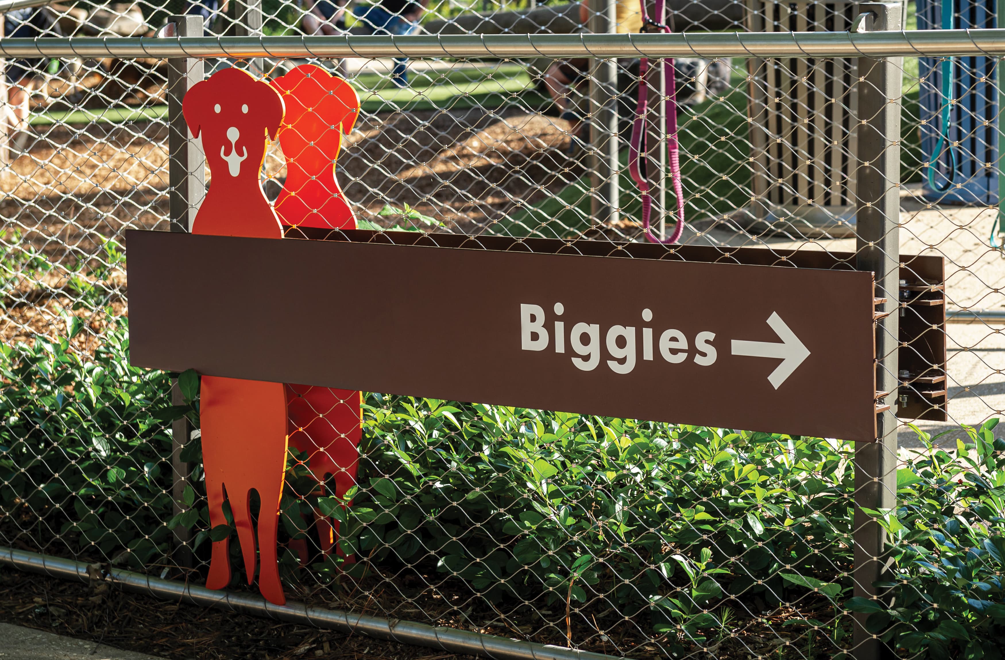 Image of the Biggies dog identity sign with a red dog. Designed by RSM Design. 