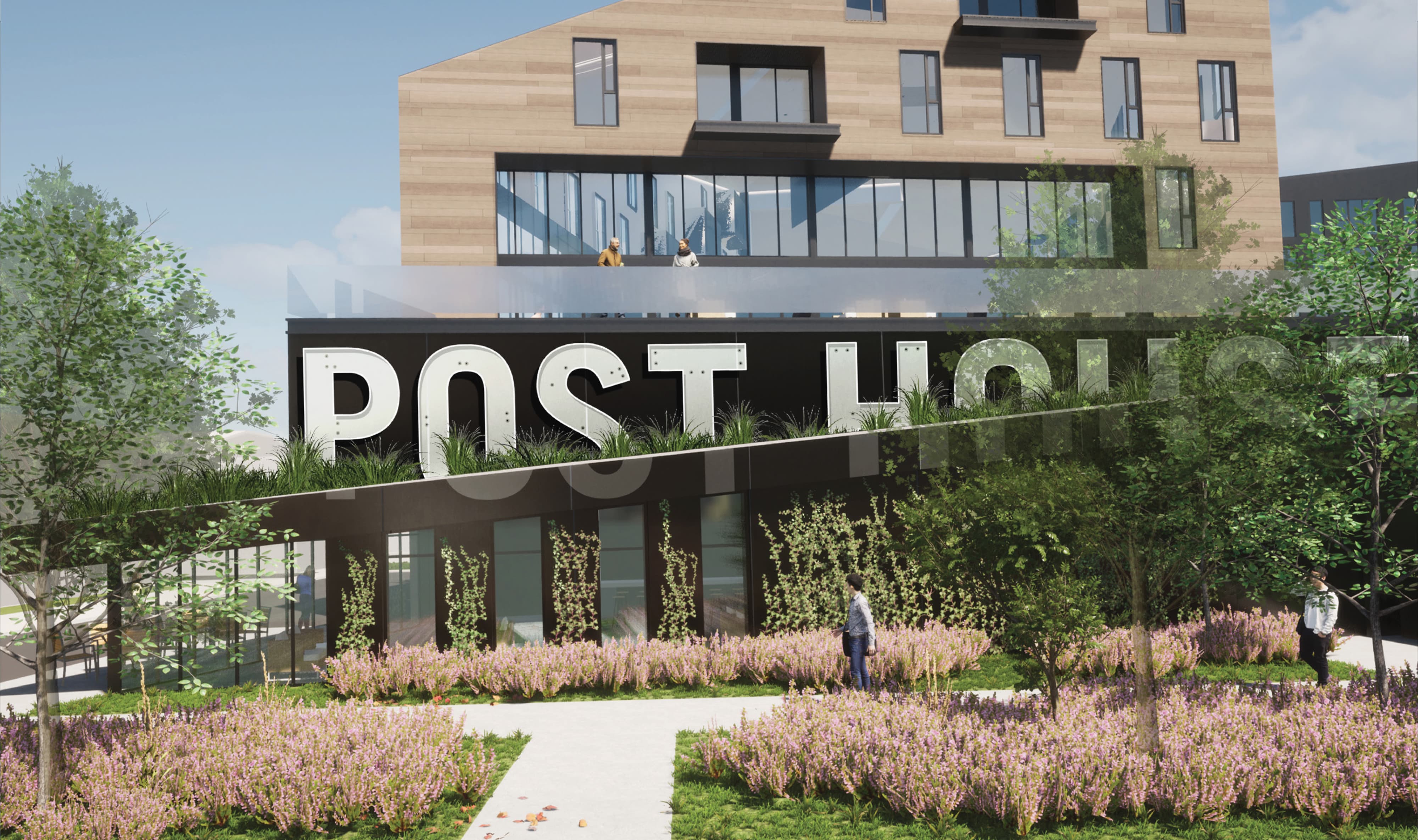 Architectural rendering of Post House at Post District in Salt Lake City, featuring large-scale marquee-style dimensional lettering spelling 'Post House' mounted on a green roof amenity structure surrounded by landscaped gardens and a pedestrian pathway — illustrating RSM Design's placemaking, experiential graphics, and branded environments for a mixed-use residential community.