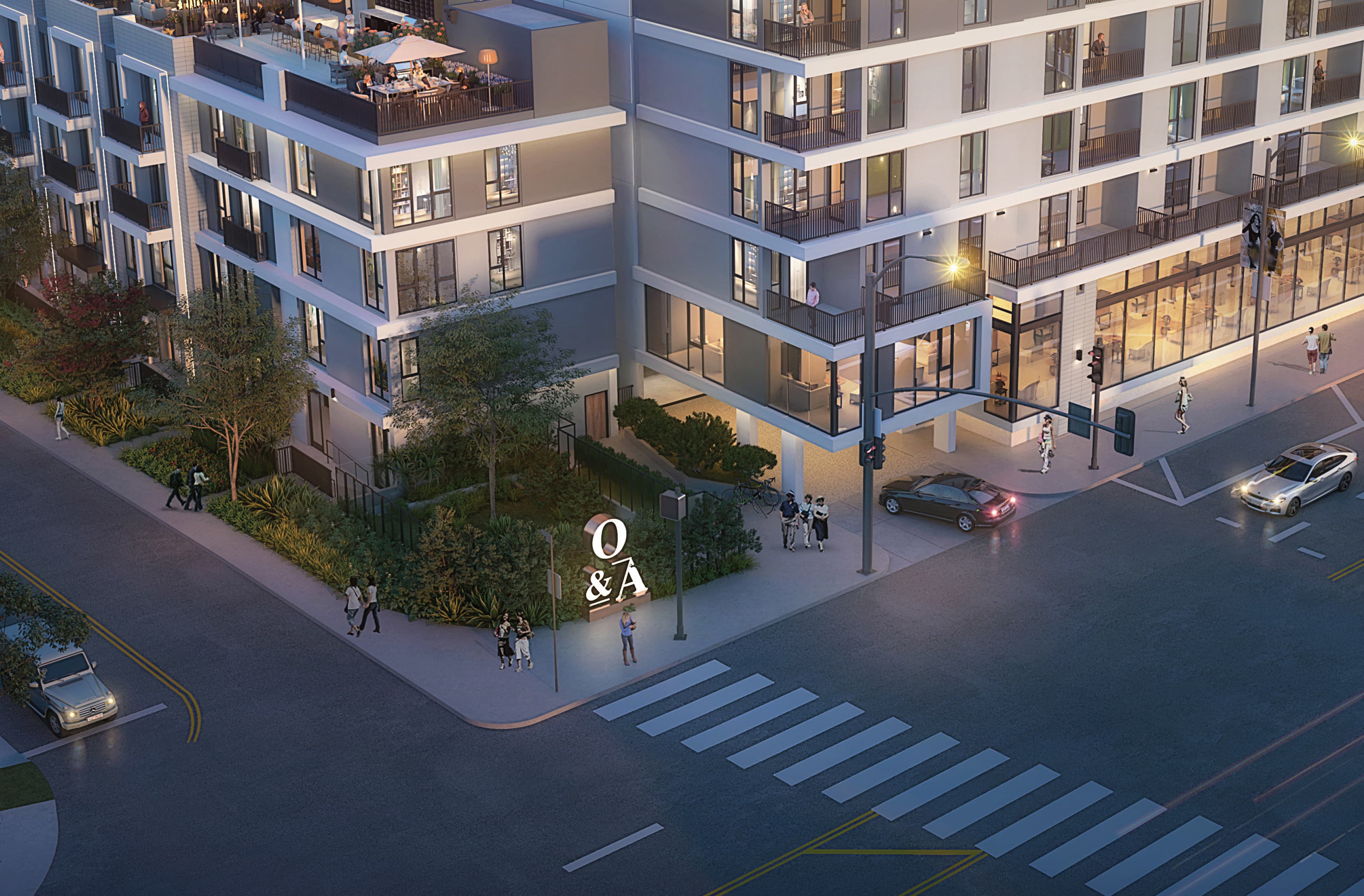 Overview rendering of the Overland & Ayers multifamily building and the master sign at the entrance, designed by RSM Design. 