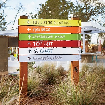 Colorful multi-directional wayfinding signpost with stacked horizontal planks pointing to The Living Room Info Center, The Deck, Neighborhood Garden, Tot Lot, The Court, and Hammock Garden at Parasol Park in Irvine, California, designed by RSM Design