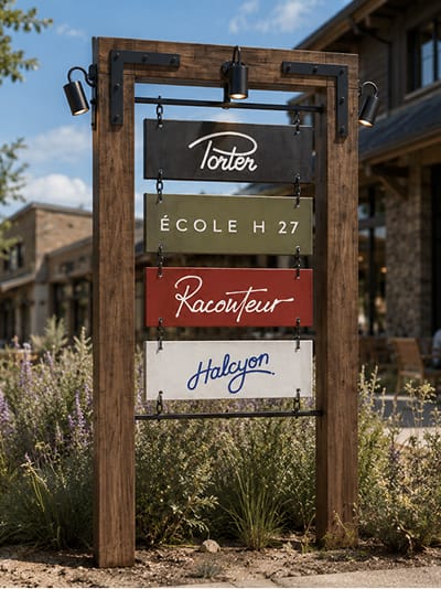 Wood-framed tenant directory sign with hanging panels for Porter, École H27, Raconteur, and Halcyon at Avenue South, wayfinding by RSM Design.