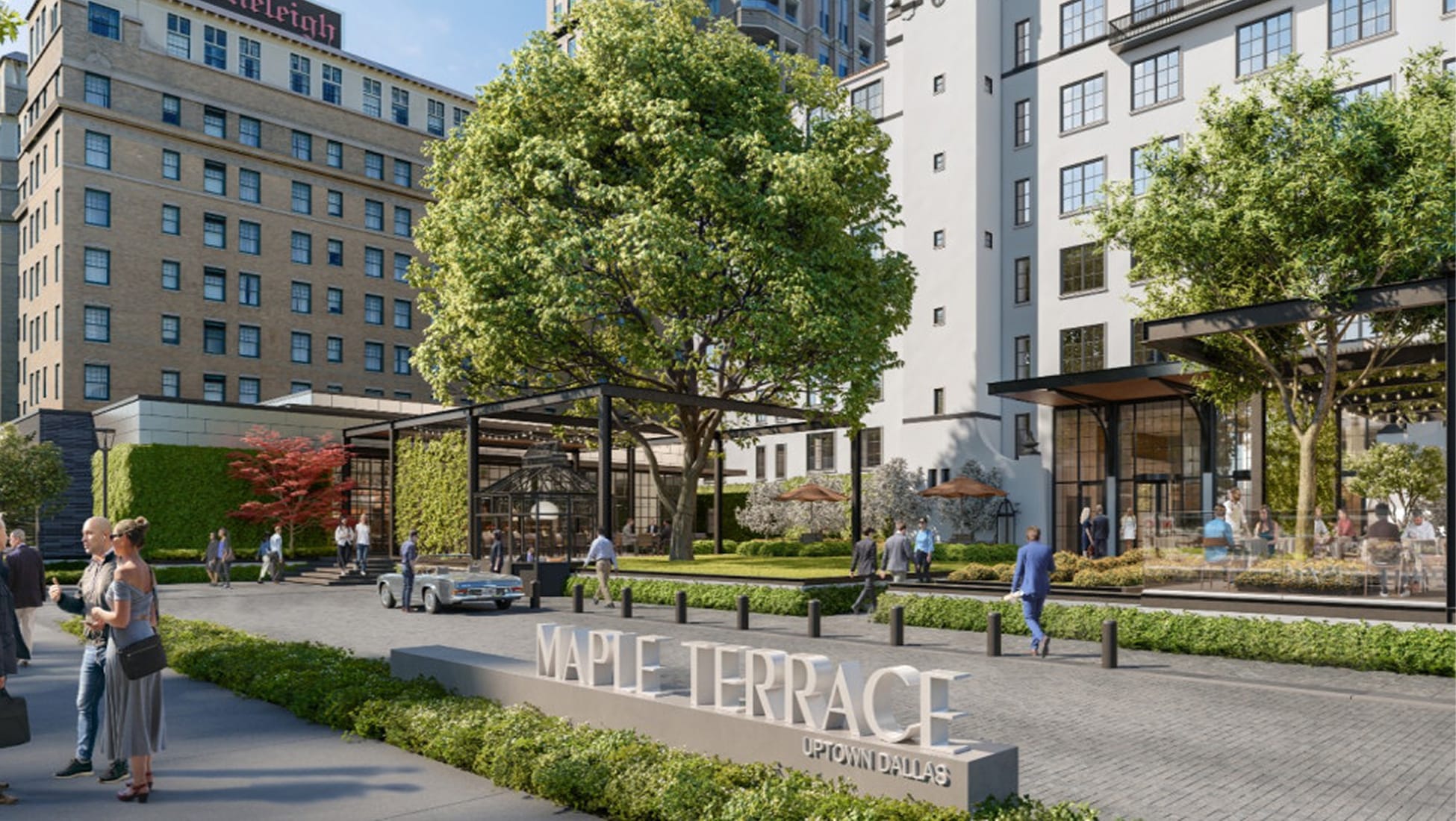 Dimensional "Maple Terrace" monument sign at the entry plaza of an Uptown Dallas residential building - environmental graphic design by RSM Design