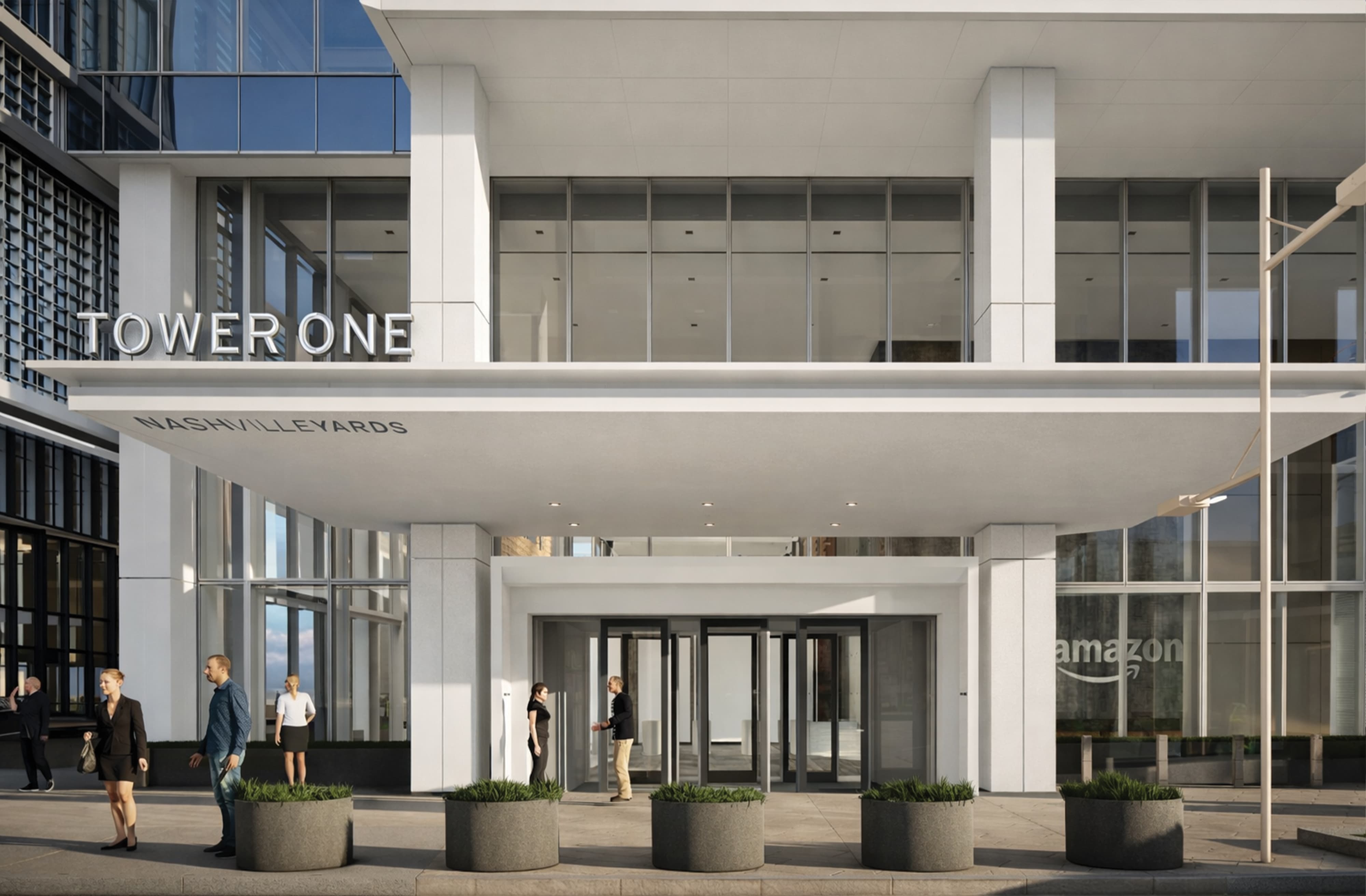 Architectural rendering of Nashville Yards Tower One entrance with dimensional building identification signage and Nashville Yards canopy lettering above a pedestrian streetscape, showcasing wayfinding, signage design, and placemaking for a mixed-use workplace development by RSM Design.